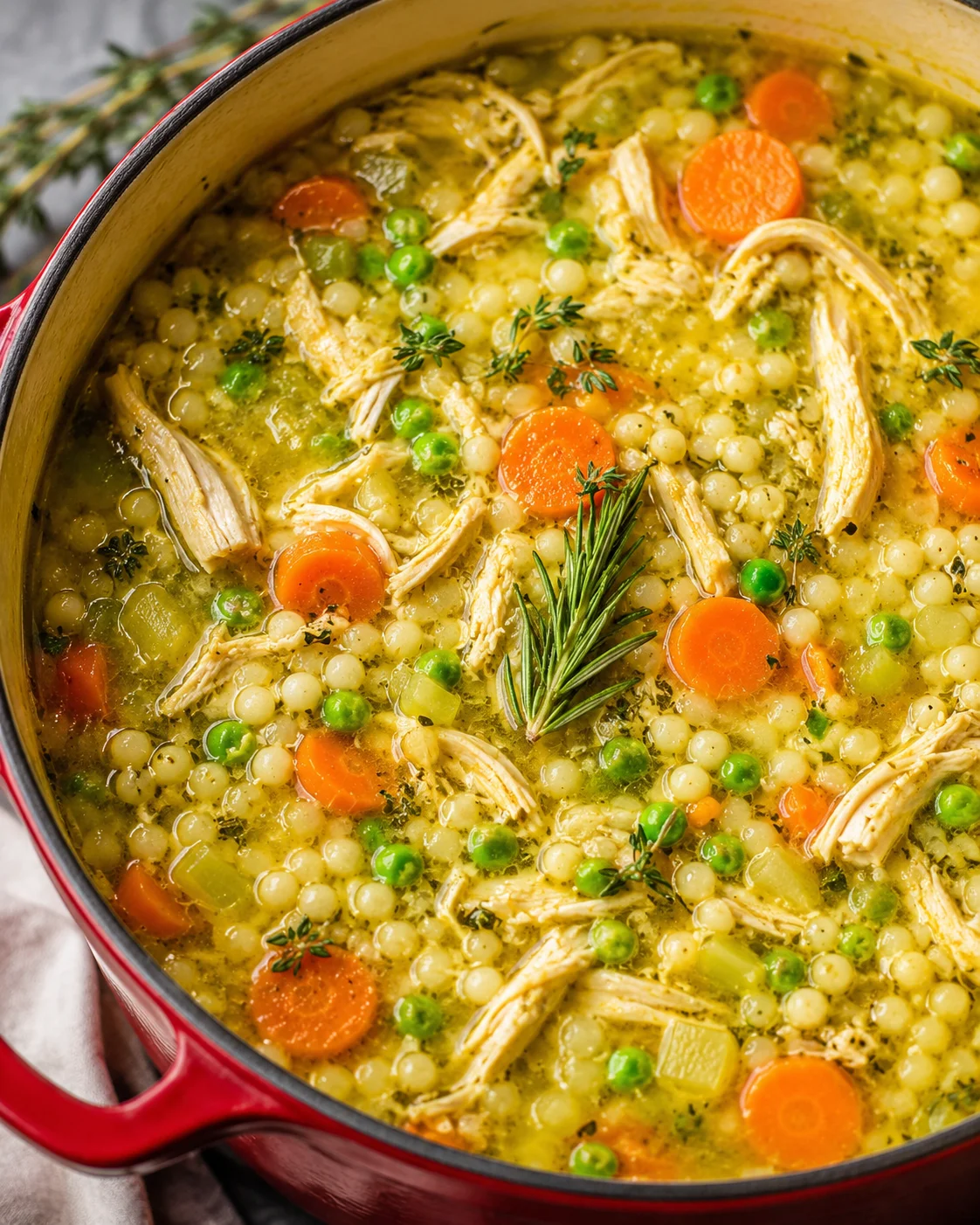 top-down view of a red pot filled with chicken, pearl couscous, carrots, peas, and herbs in golden broth