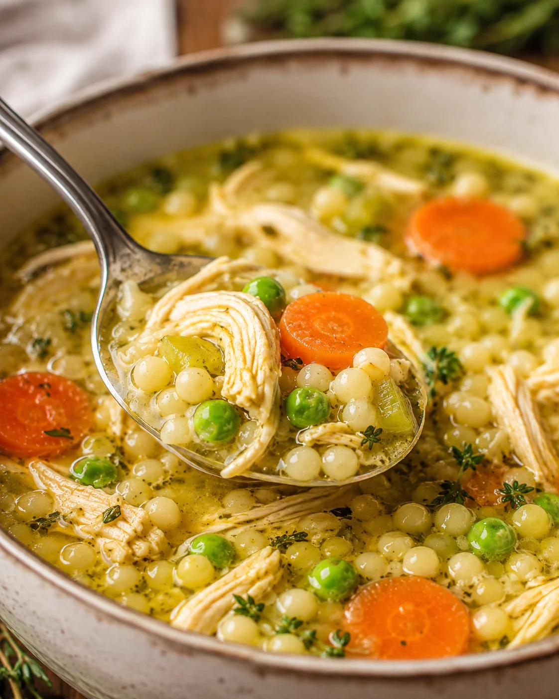 Rustic pot of chicken-vegetable soup with shredded chicken, carrots, peas, and barley in a golden broth