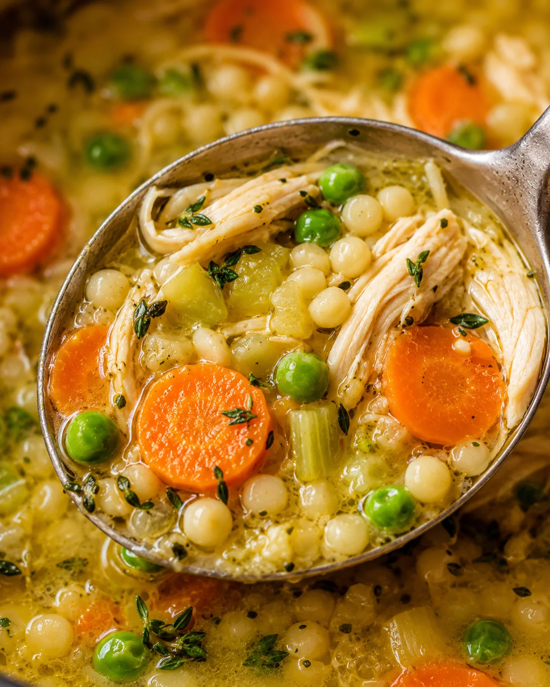 close-up of a ladleful of chicken-vegetable stew with carrots, peas, onions, and shredded chicken in creamy broth