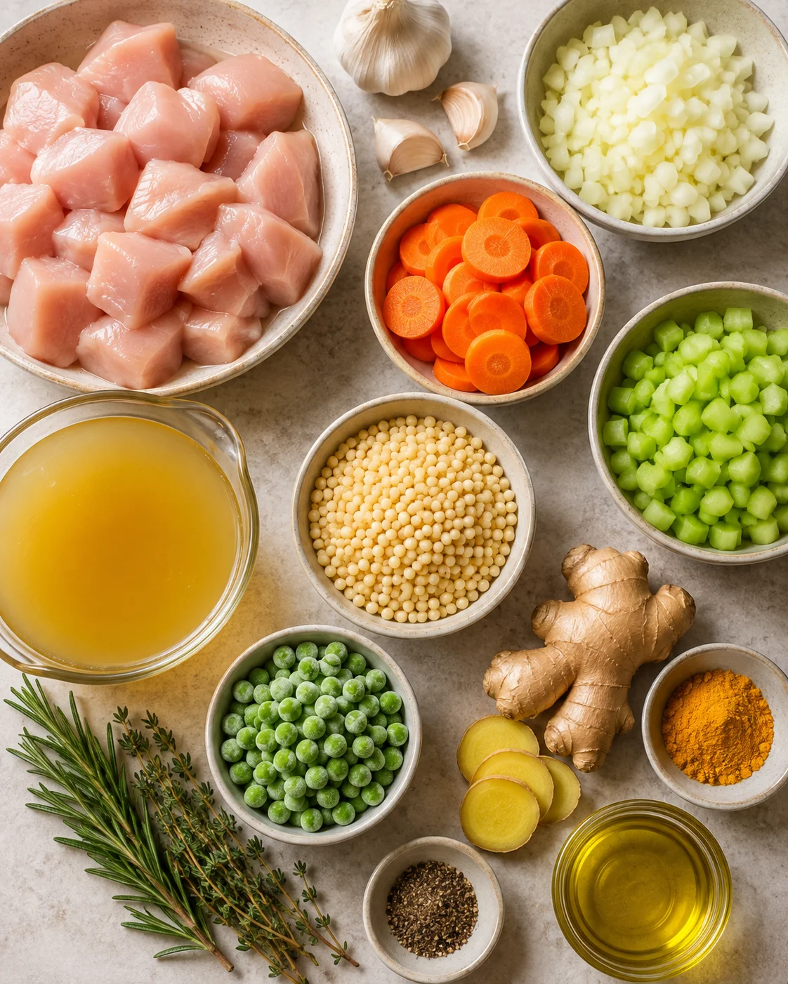 Assorted fresh ingredients for making healing chicken soup, including chicken, vegetables, and herbs.