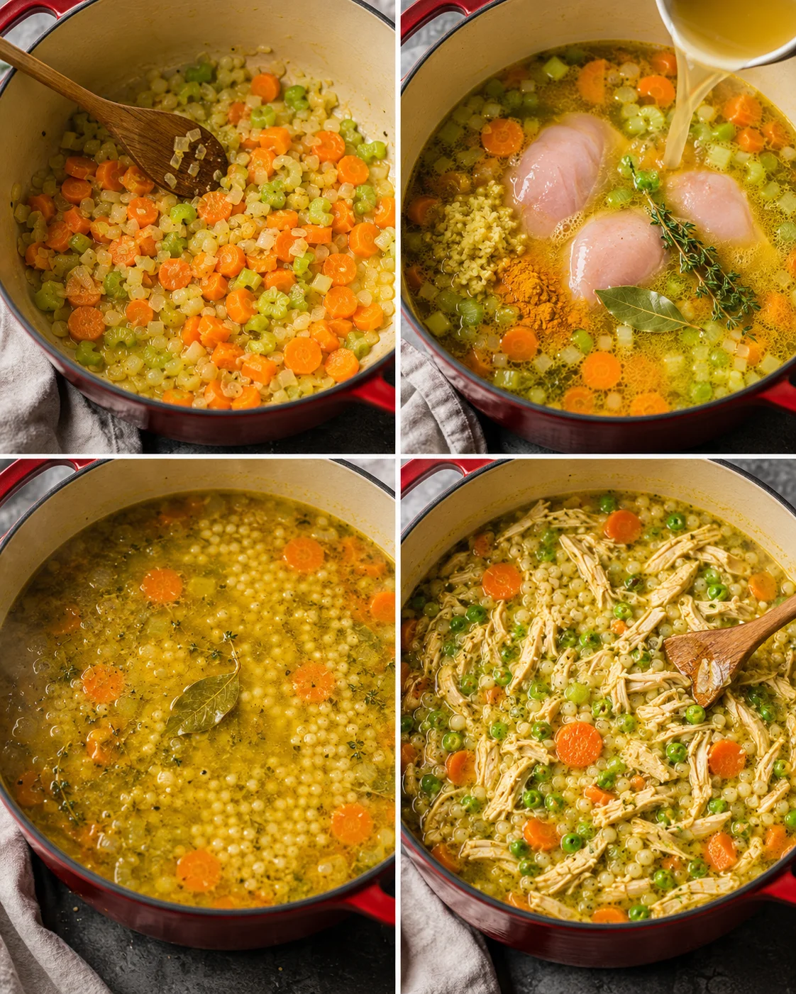 Step-by-step images of making nourishing chicken soup with vegetables and herbs