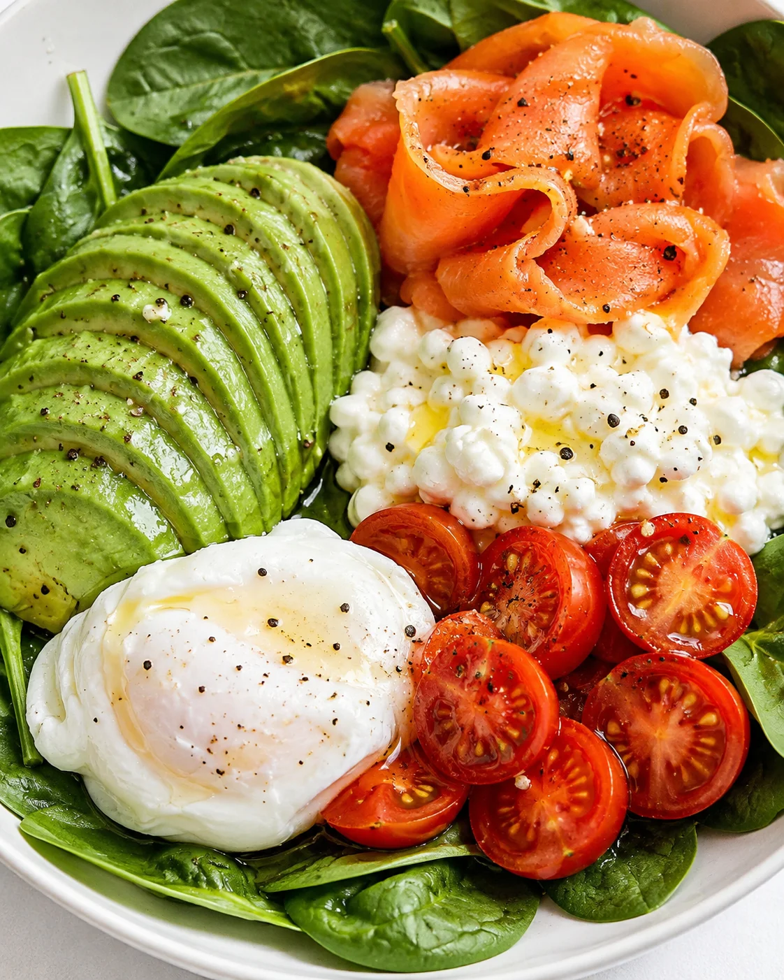 Bright bowl with spinach, sliced avocado, smoked salmon, cottage cheese, and cherry tomatoes, topped with a poached egg and pepper.
