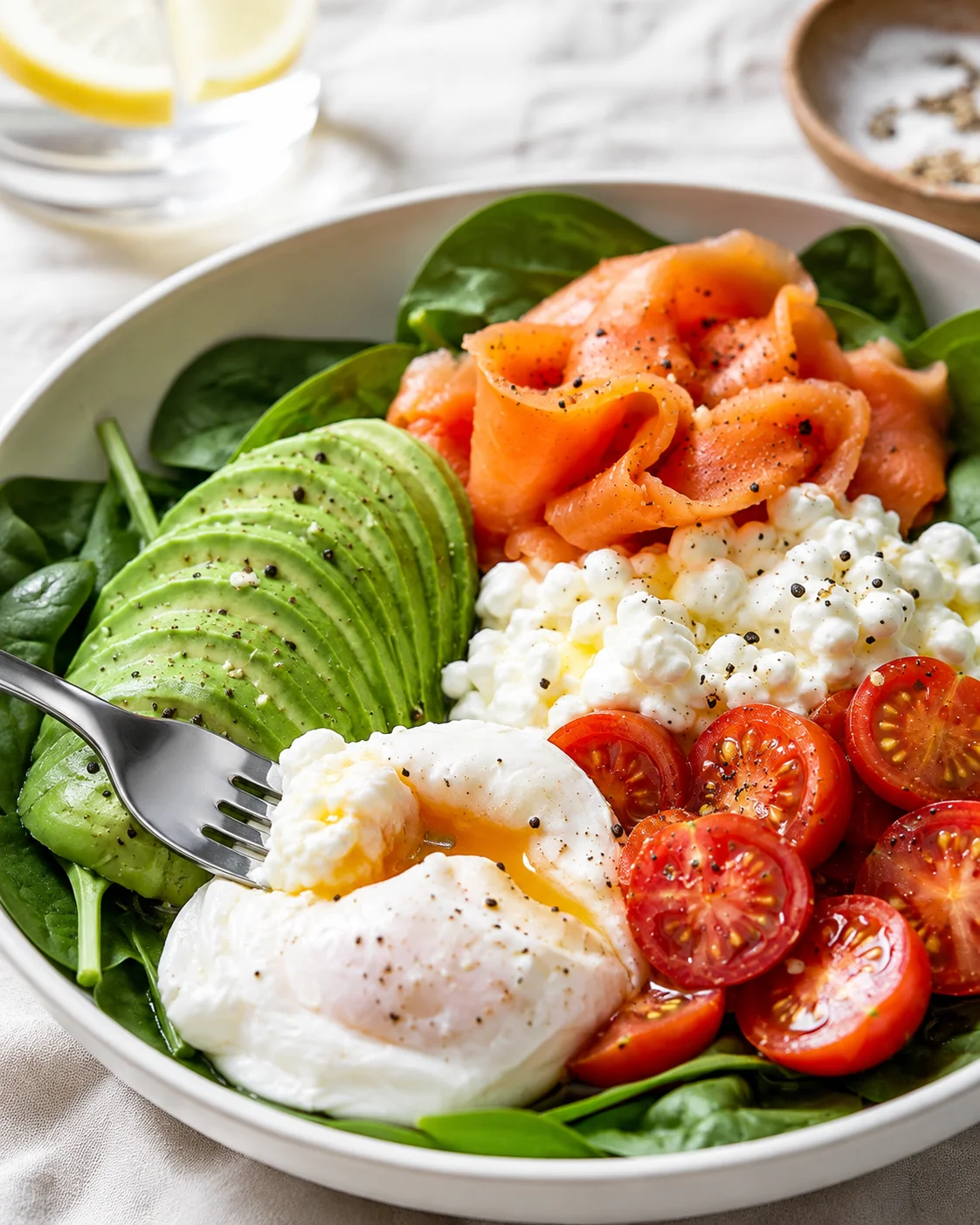 Bright bowl with avocado slices, smoked salmon, cottage cheese, cherry tomatoes, spinach, and a poached egg.