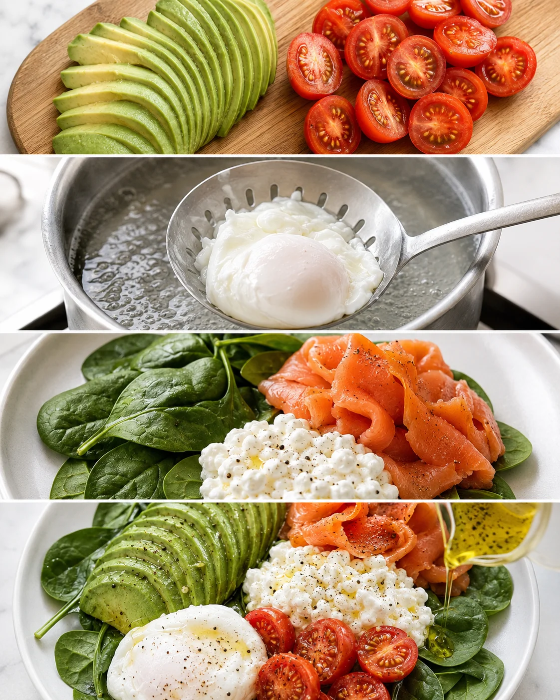 Colorful bowl with sliced avocado, cherry tomatoes, smoked salmon, and poached egg