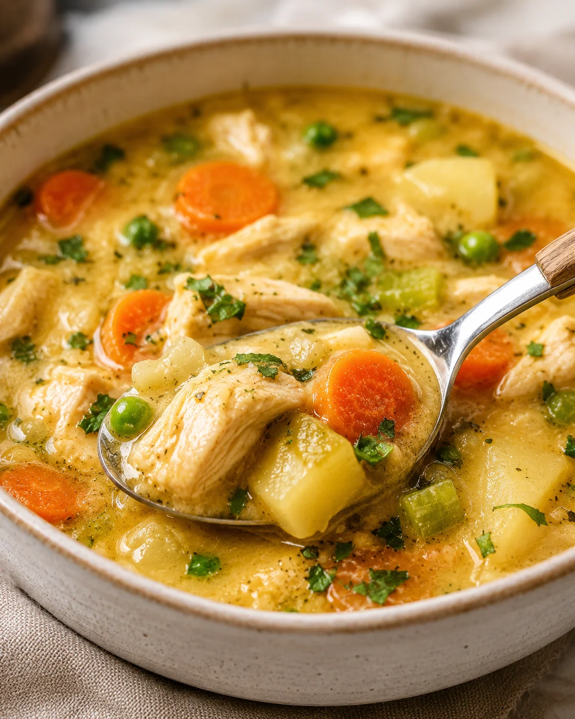 creamy chicken stew with carrots, potatoes, and peas in a rustic bowl with parsley