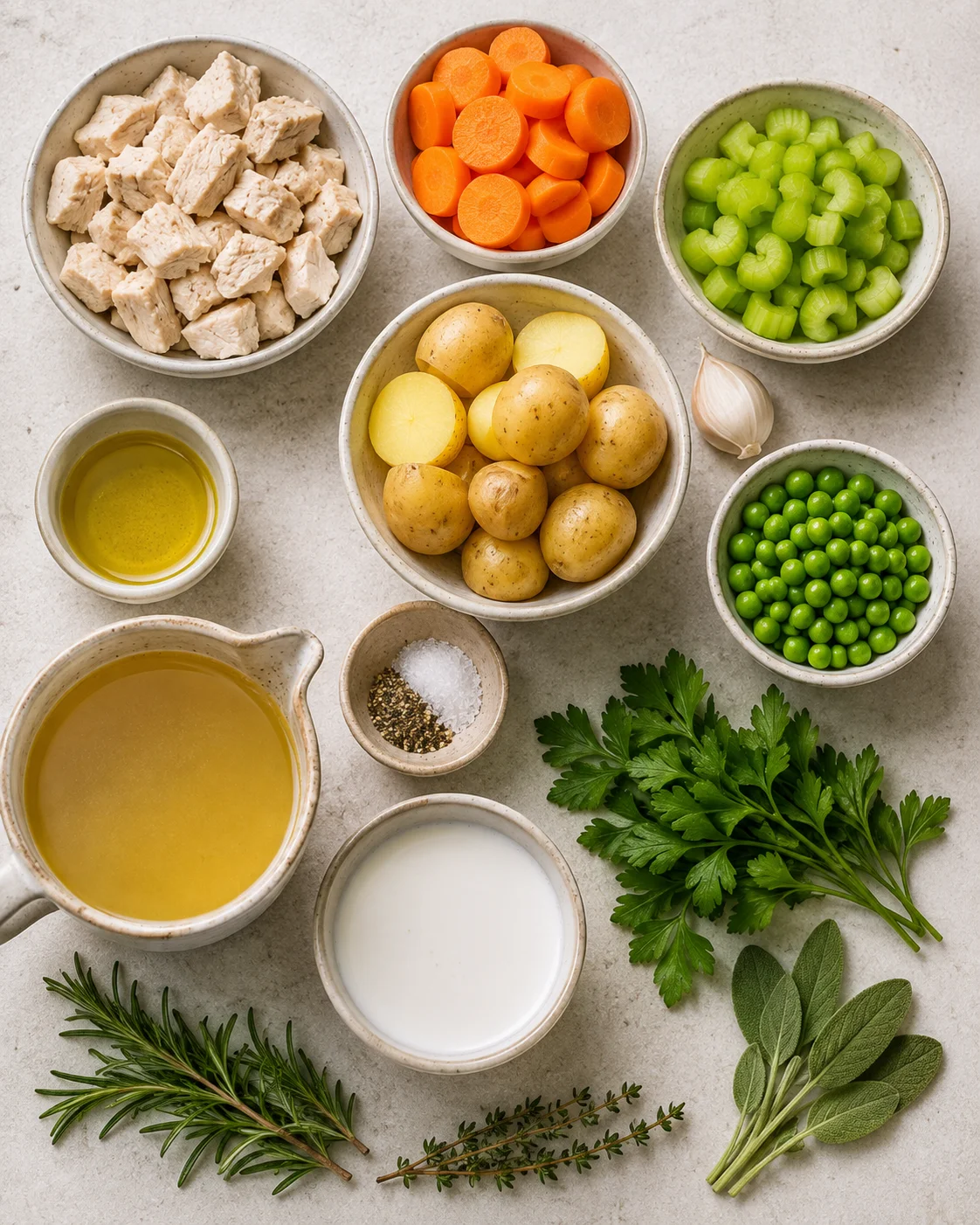 Overhead view of organized bowls with chicken, potatoes, carrots, celery, peas, herbs, oil, broth, and garlic.