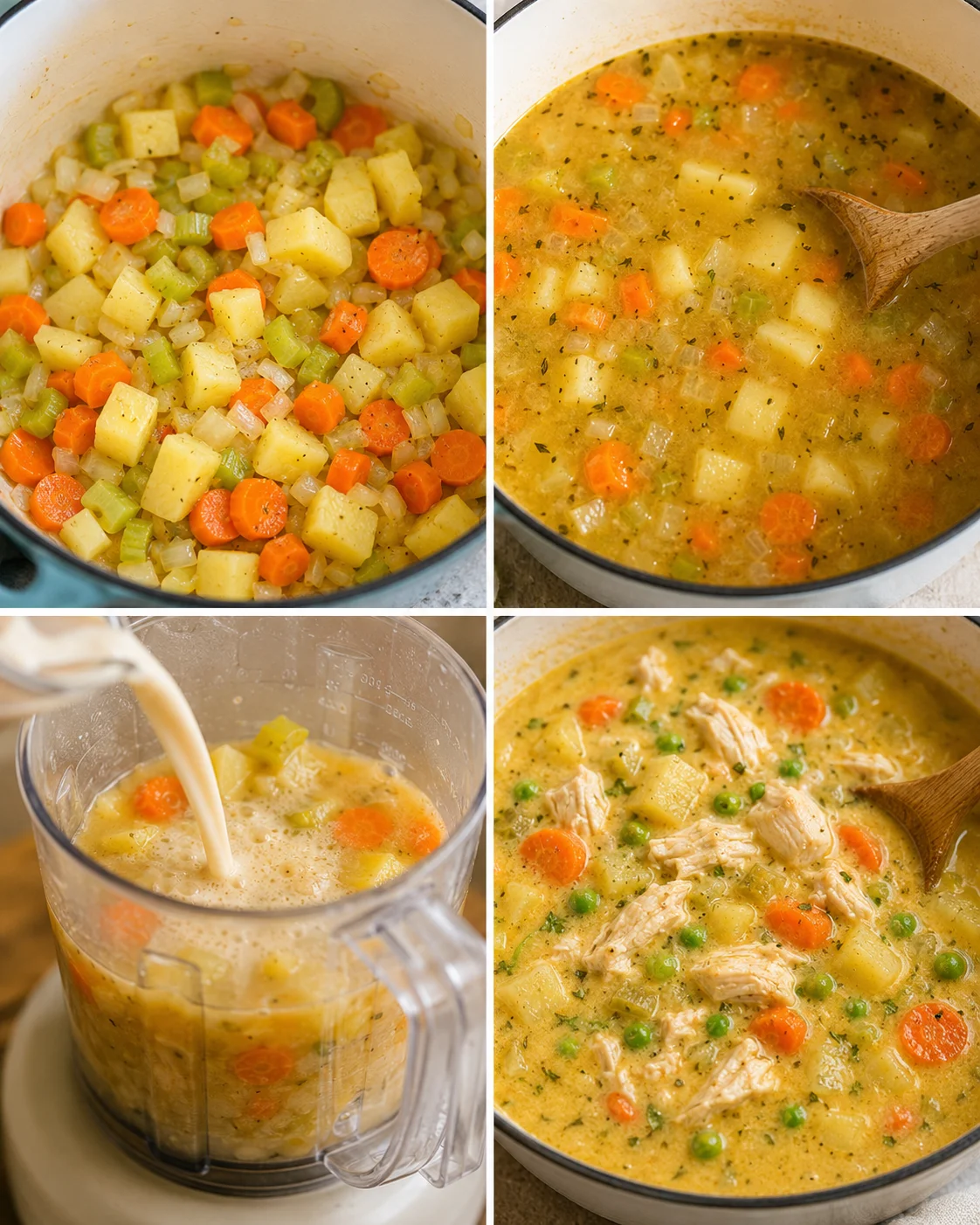 collage showing chopped potatoes, carrots, celery and onions, simmering soup with herbs, blending mixture, and final creamy chicken-vegetable soup