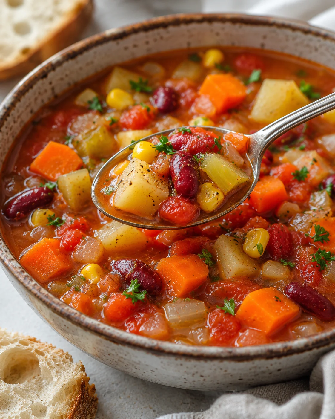 Chunky vegetable soup in a rustic bowl with spoon, garnished with parsley.