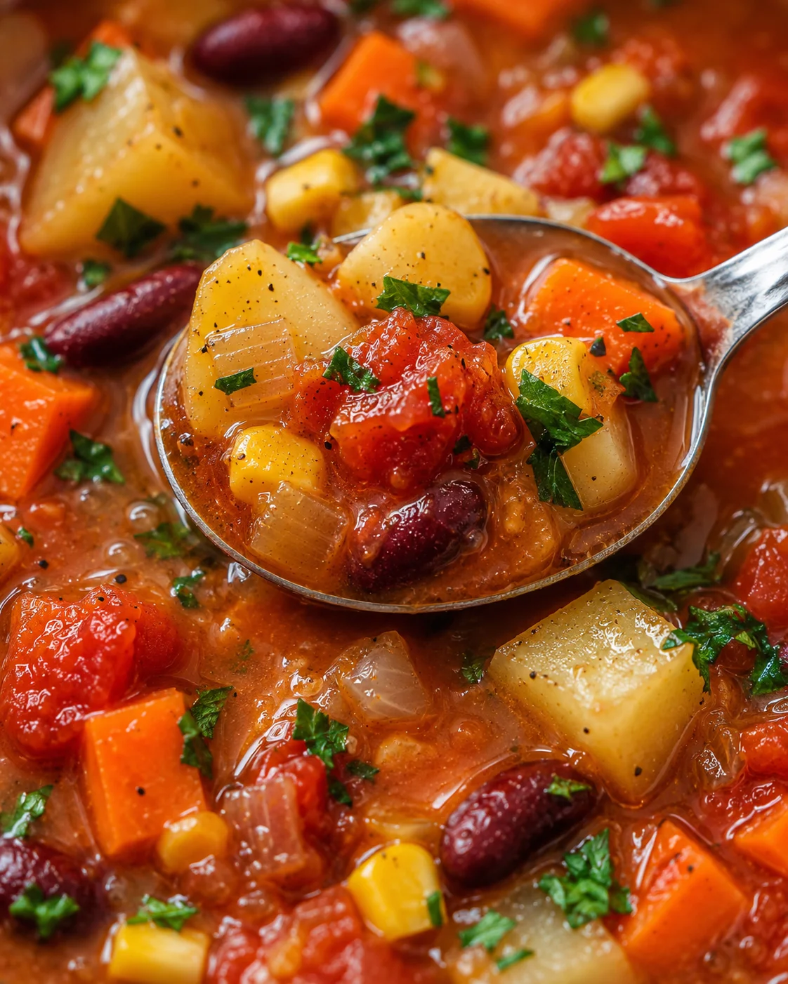 Close-up of hearty vegetable-bean soup on a spoon with potatoes, carrots, corn, beans, and parsley.