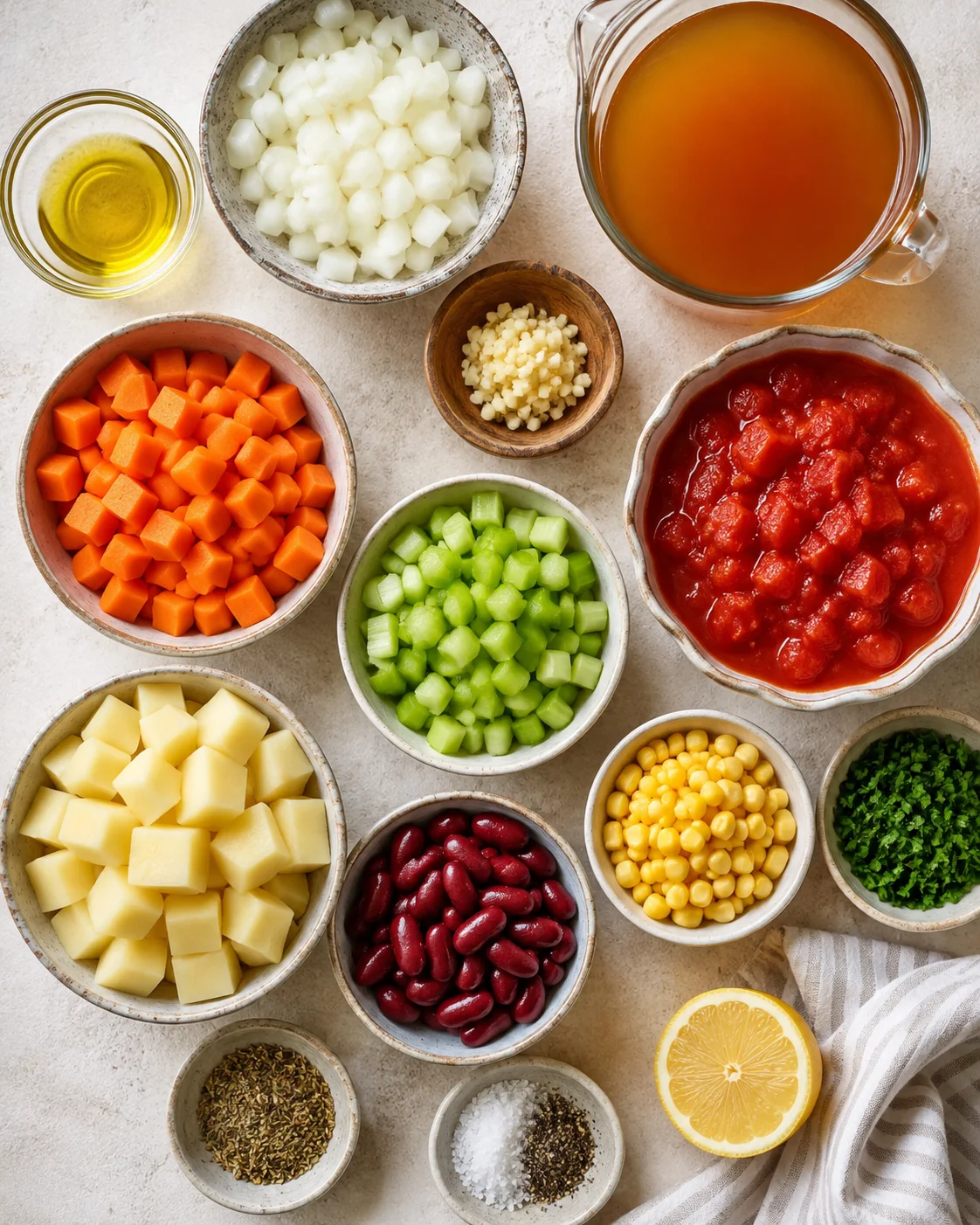 top-down view of colorful bowls holding diced onions, carrots, celery, potatoes, beans, corn, and crushed tomatoes