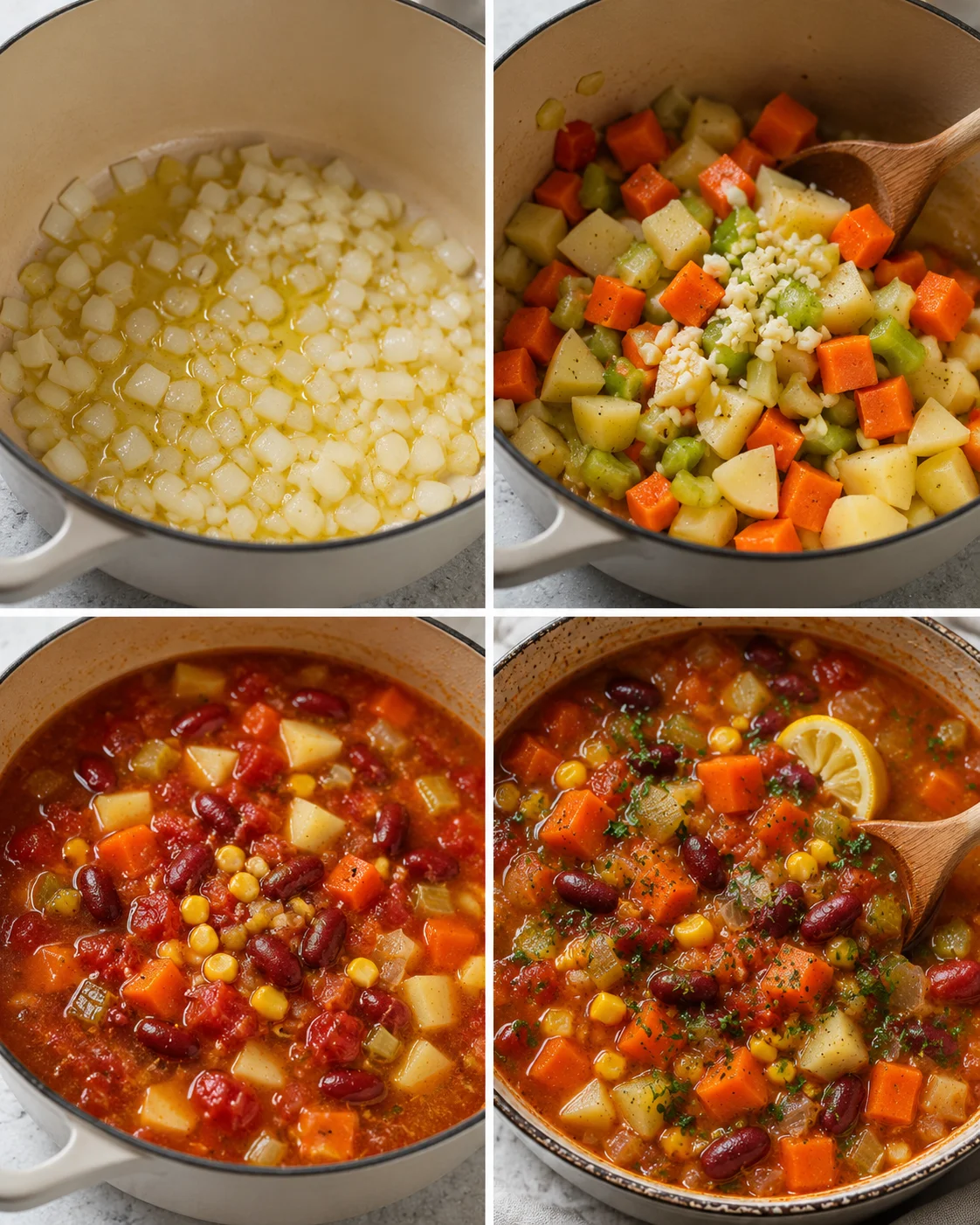 Step-by-step images of preparing and cooking a colorful vegetable soup