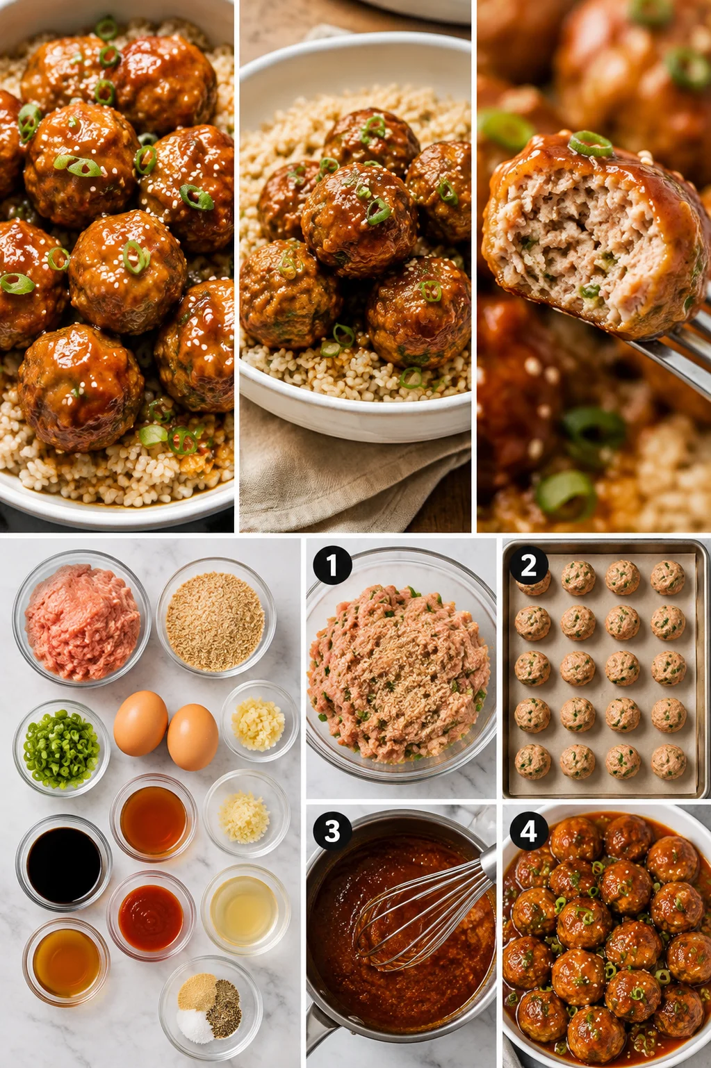 collage of glossy glazed meatballs over grain, a cut meatball, and ingredient/step bowls