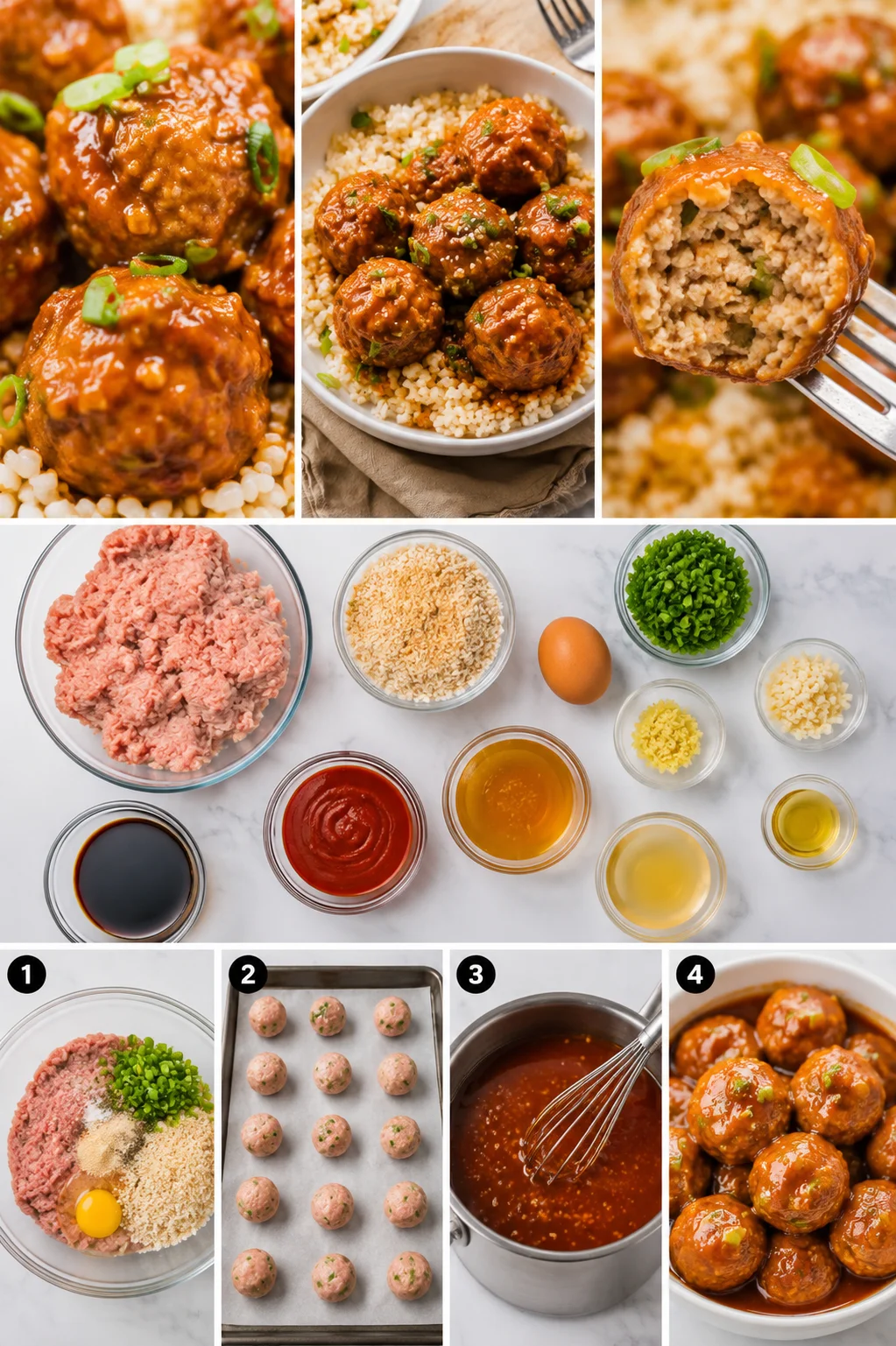 Collage showing meatballs in sauce over rice, ingredients and step-by-step prep images.