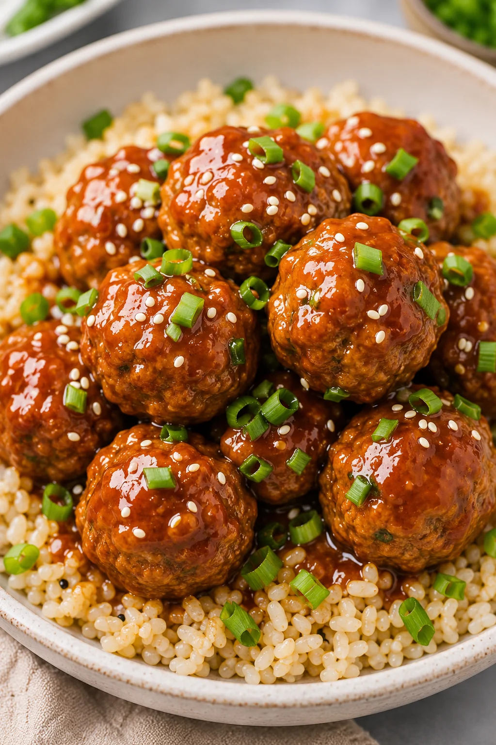 Glossy meatballs in tomato glaze atop pearl couscous, garnished with sesame and green onions