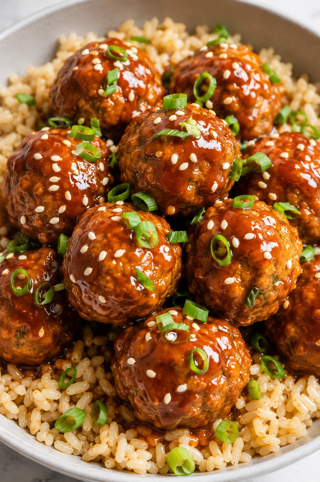 glossy glazed meatballs atop rice, garnished with sesame seeds and chopped green onions