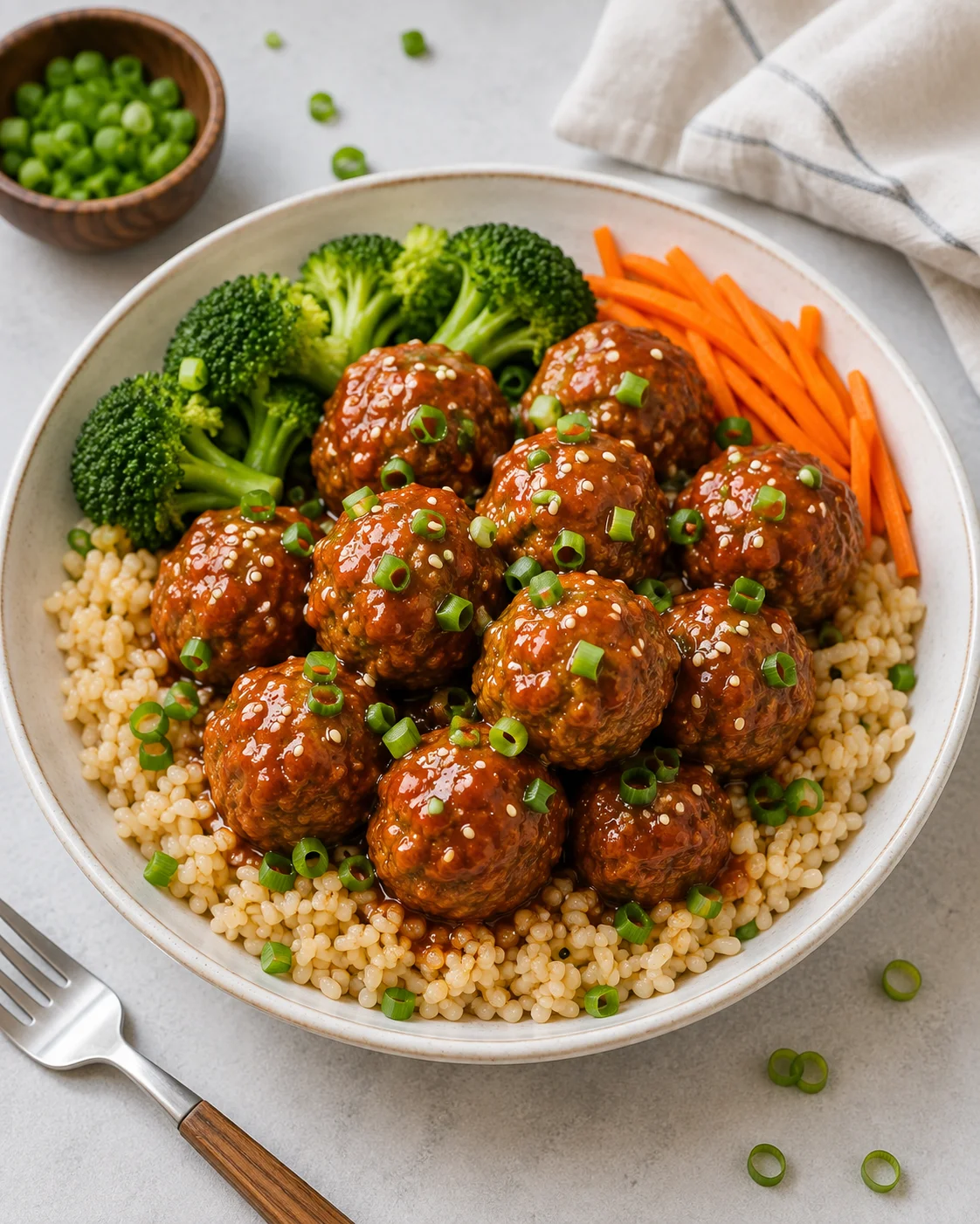 bowl of sesame-glazed meatballs atop barley with broccoli, carrot sticks, and green onions