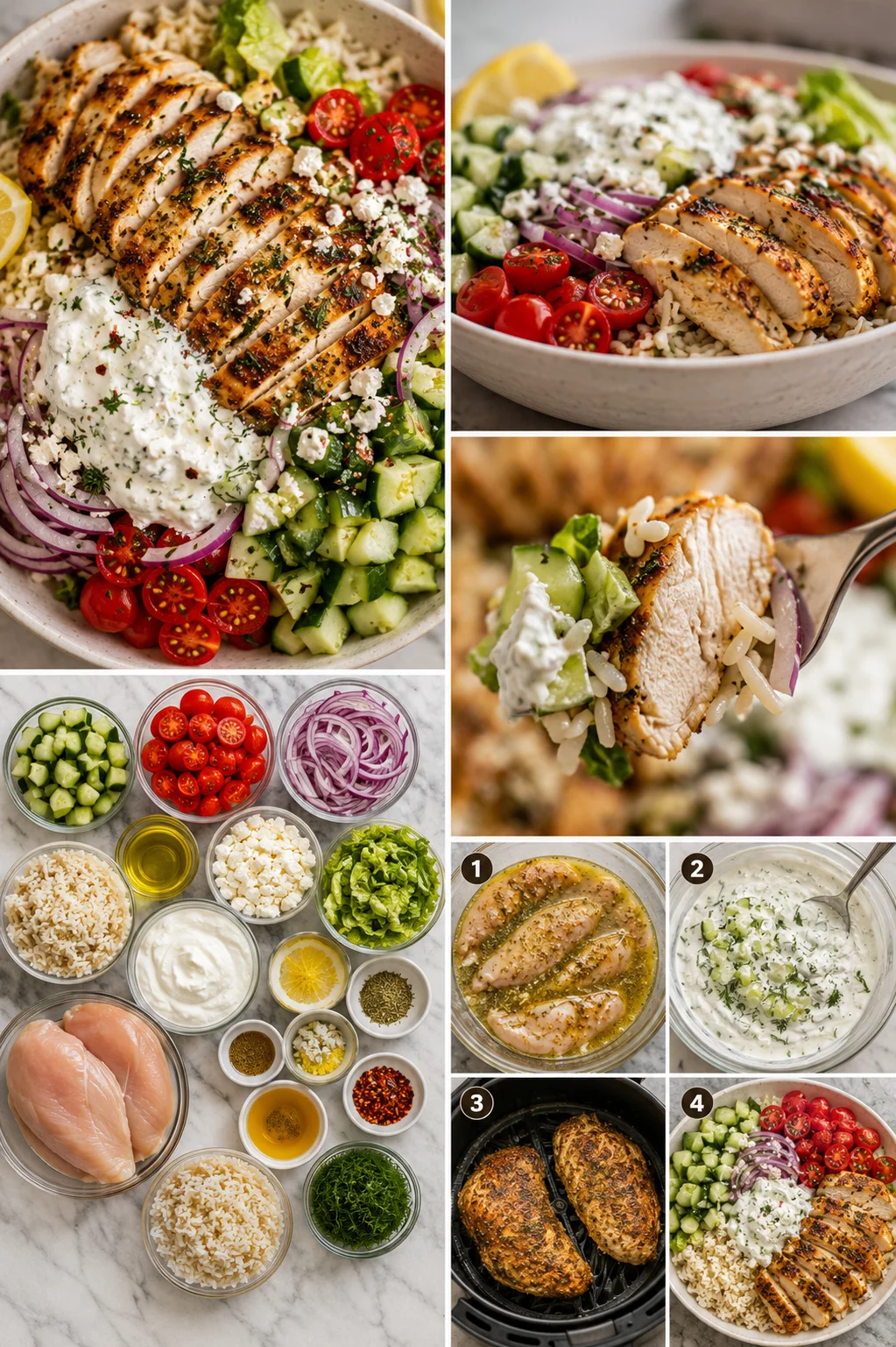 collage of grilled chicken bowls with cucumber, tomatoes, red onion, feta, and greens