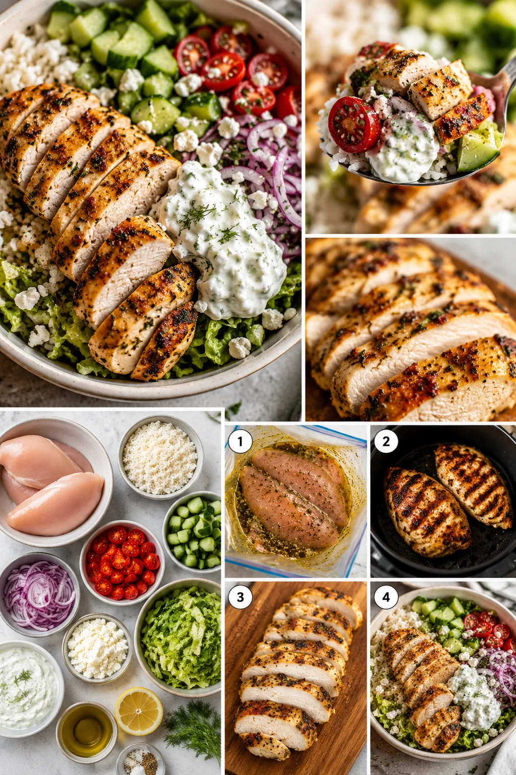 collage featuring sliced herb-grilled chicken on a colorful salad with cucumber, tomatoes, red onion, and feta