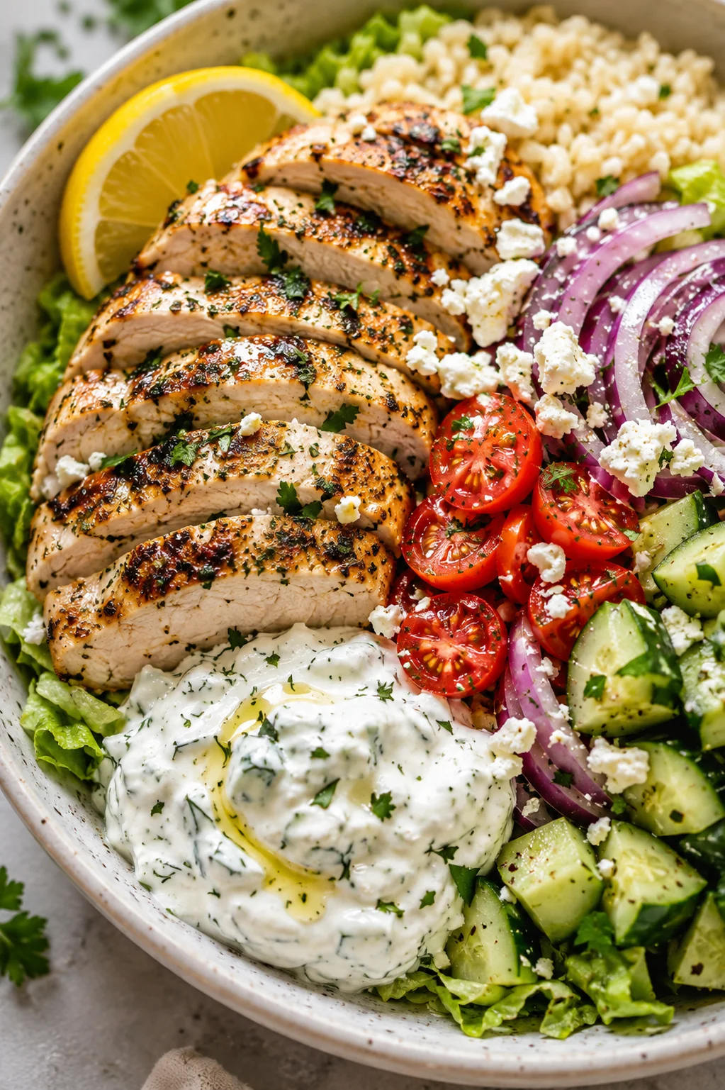 sliced grilled chicken with lemon, tomatoes, red onion, cucumber, feta, and dill yogurt sauce in a bowl