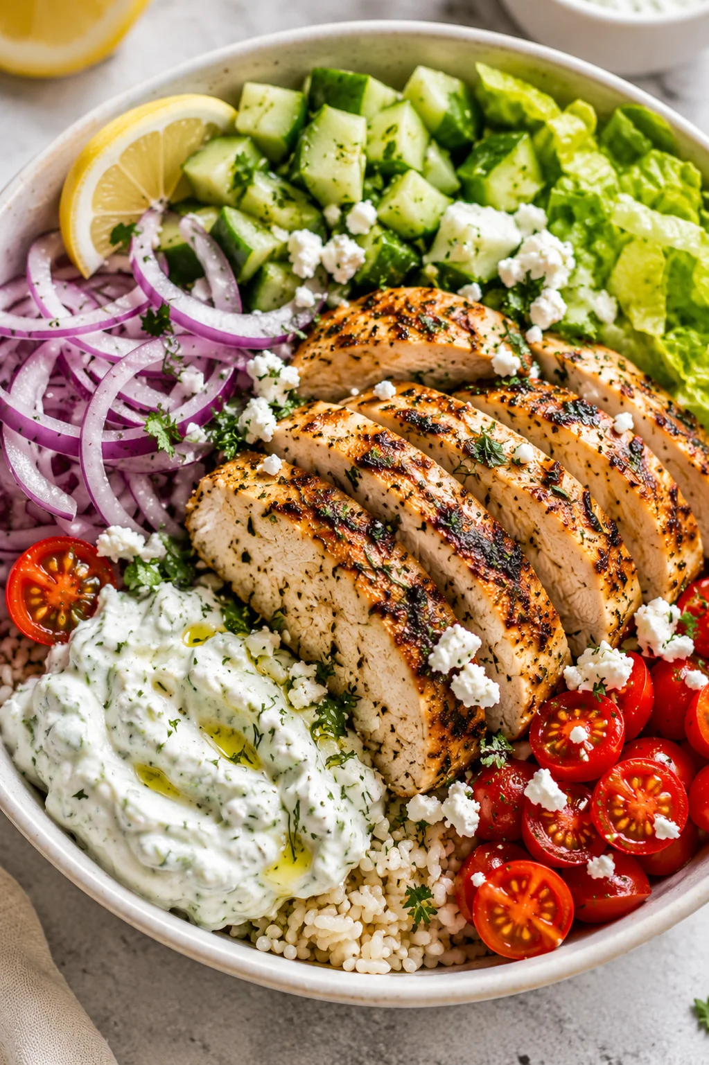 Grilled chicken slices with cucumber, feta, red onions, tomatoes, and greens in a bowl.