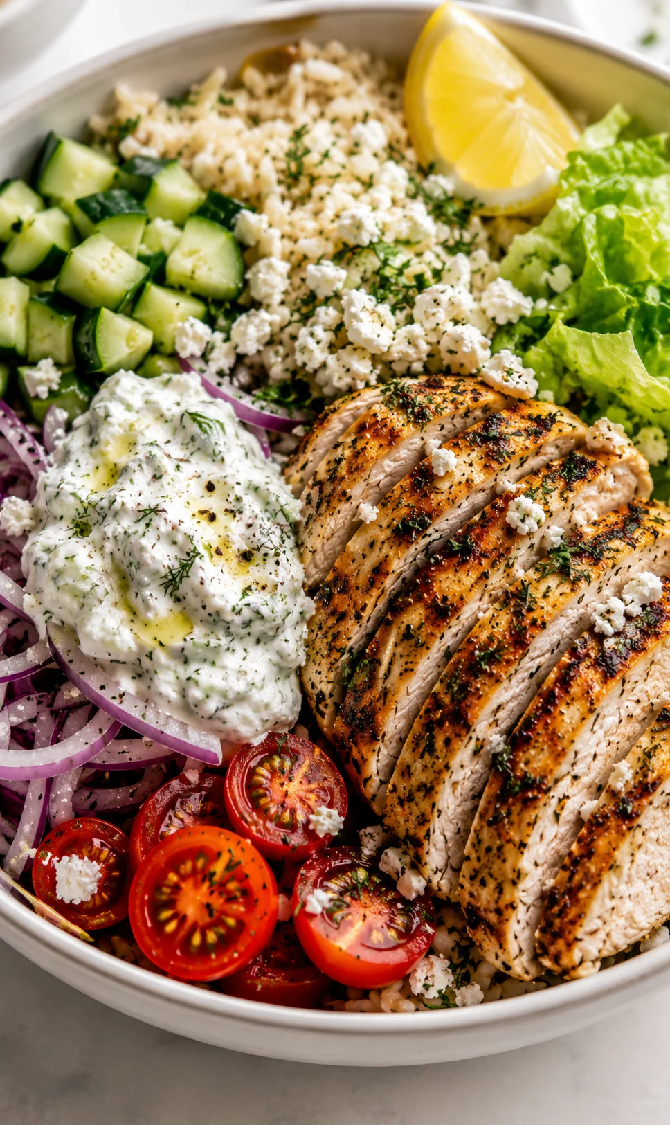 Grilled chicken slices with cucumber, tomatoes, feta, and tzatziki in a colorful bowl