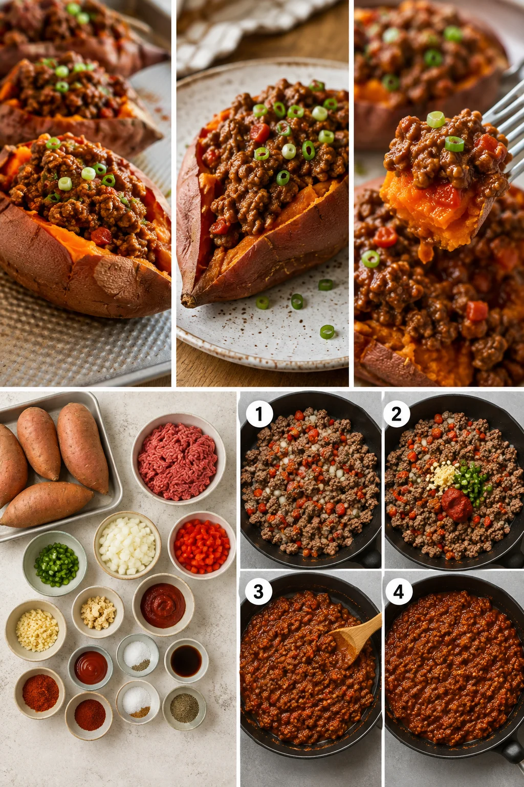 Triptych of baked sweet potato halves topped with seasoned ground beef chili and chopped green onions