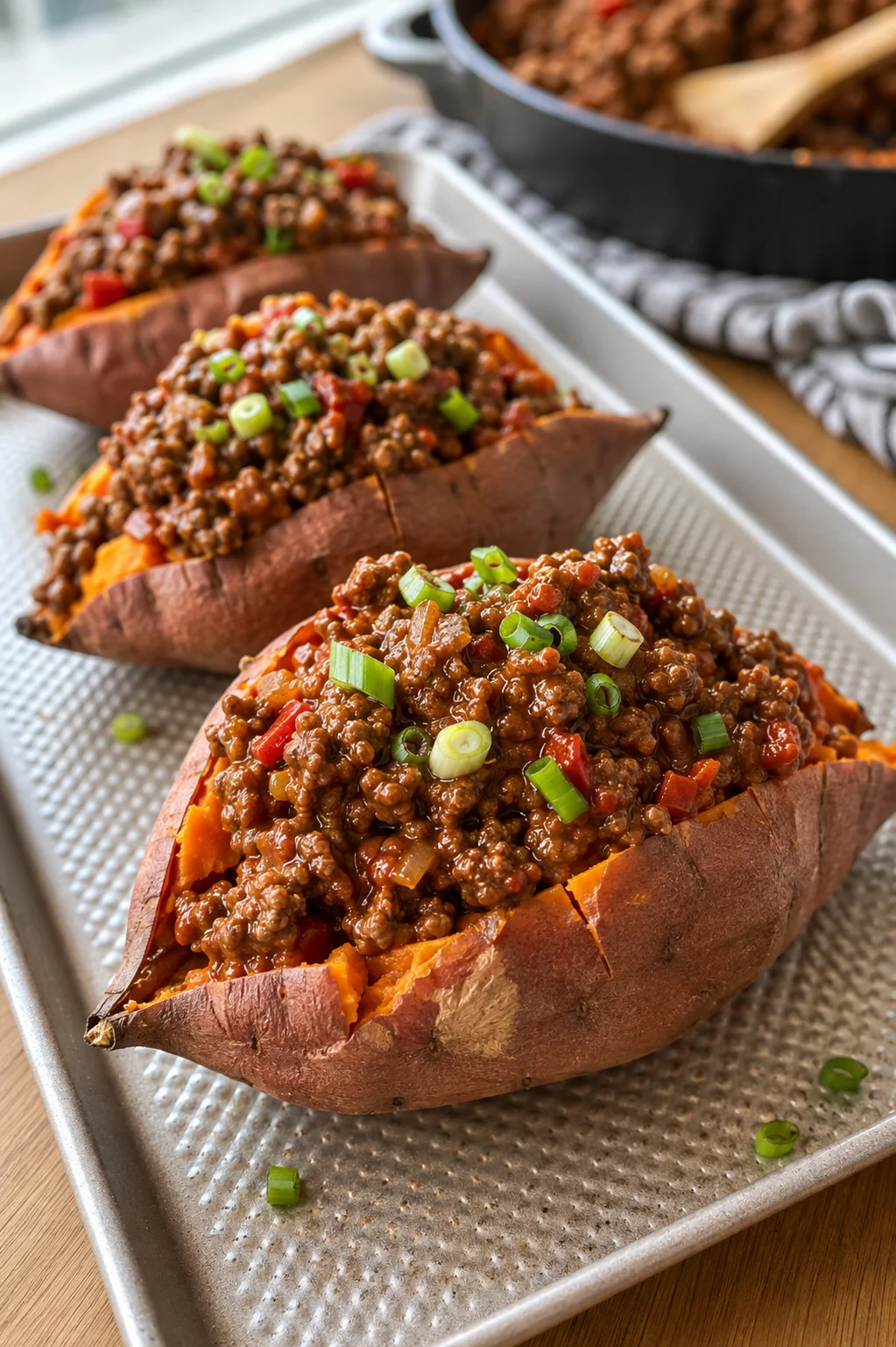Three roasted sweet potatoes filled with ground beef and peppers, garnished with green onions on a baking sheet.