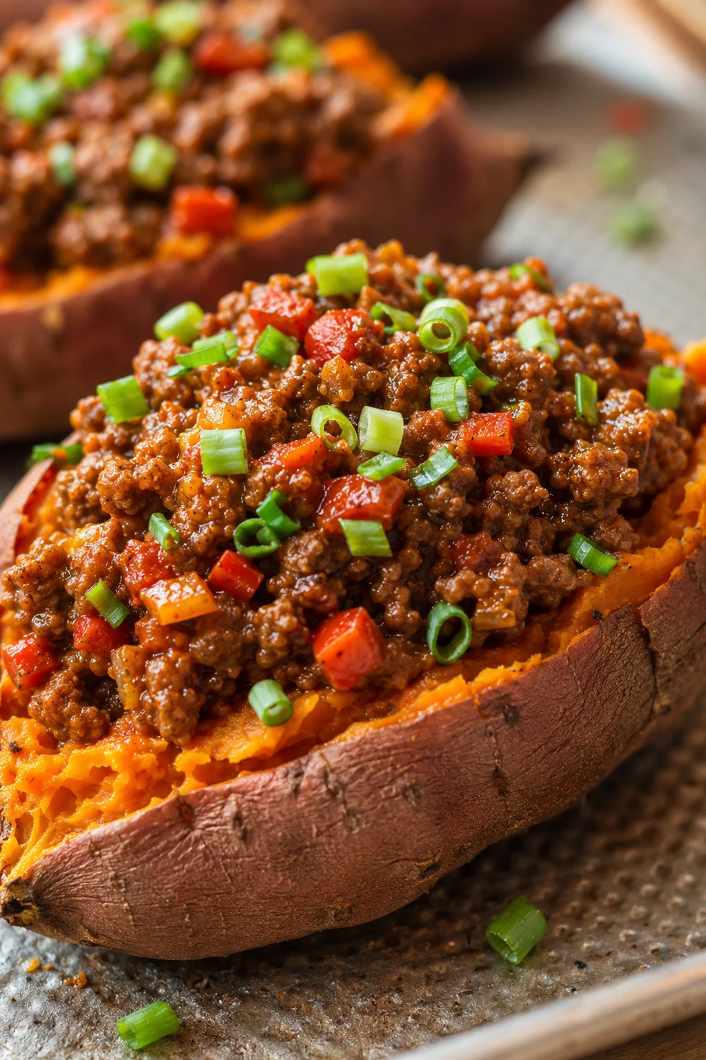 Close-up of a baked sweet potato half topped with savory ground beef chili and chopped green onions.