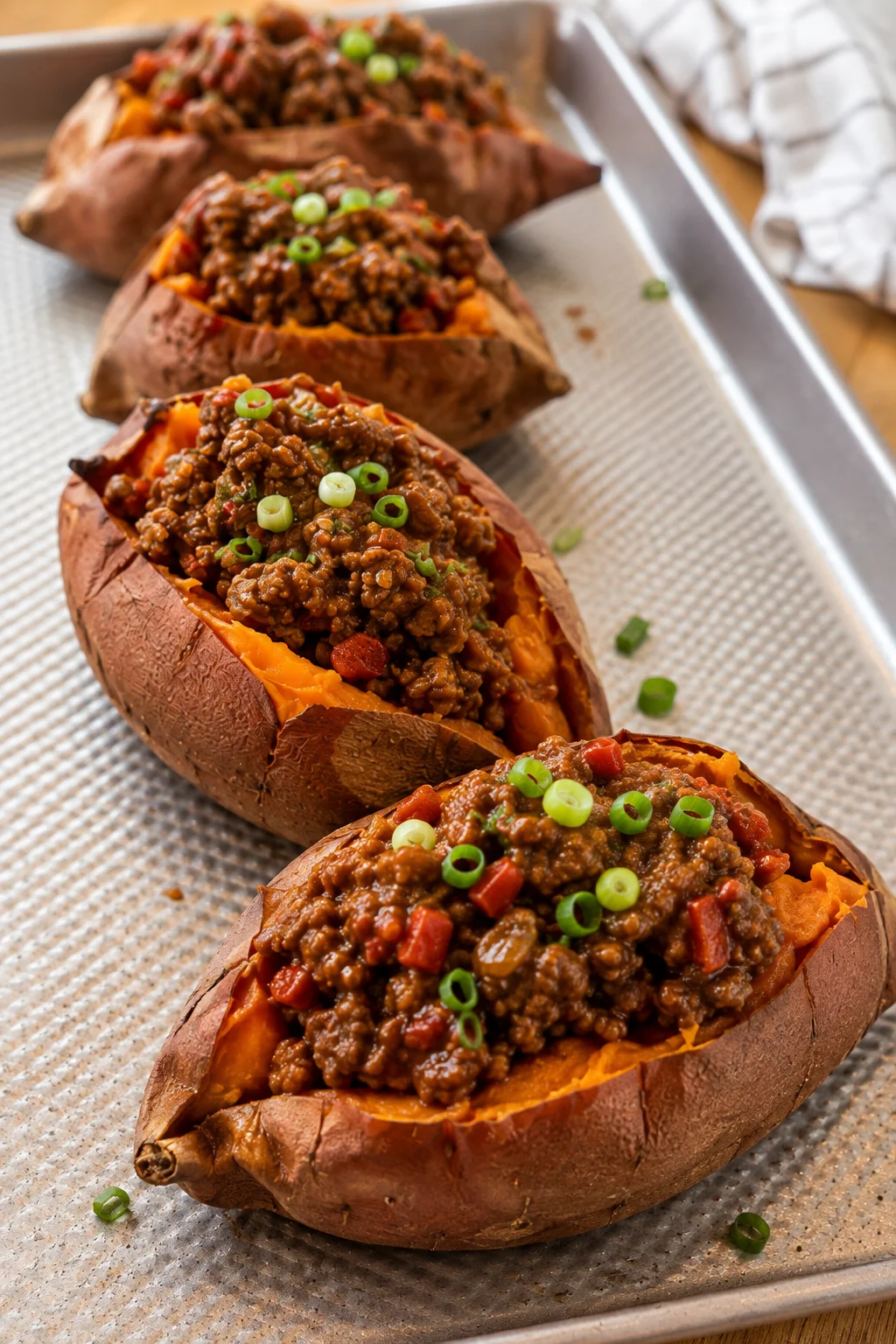 Four baked sweet potatoes filled with minced beef and topped with green onions on a parchment tray.