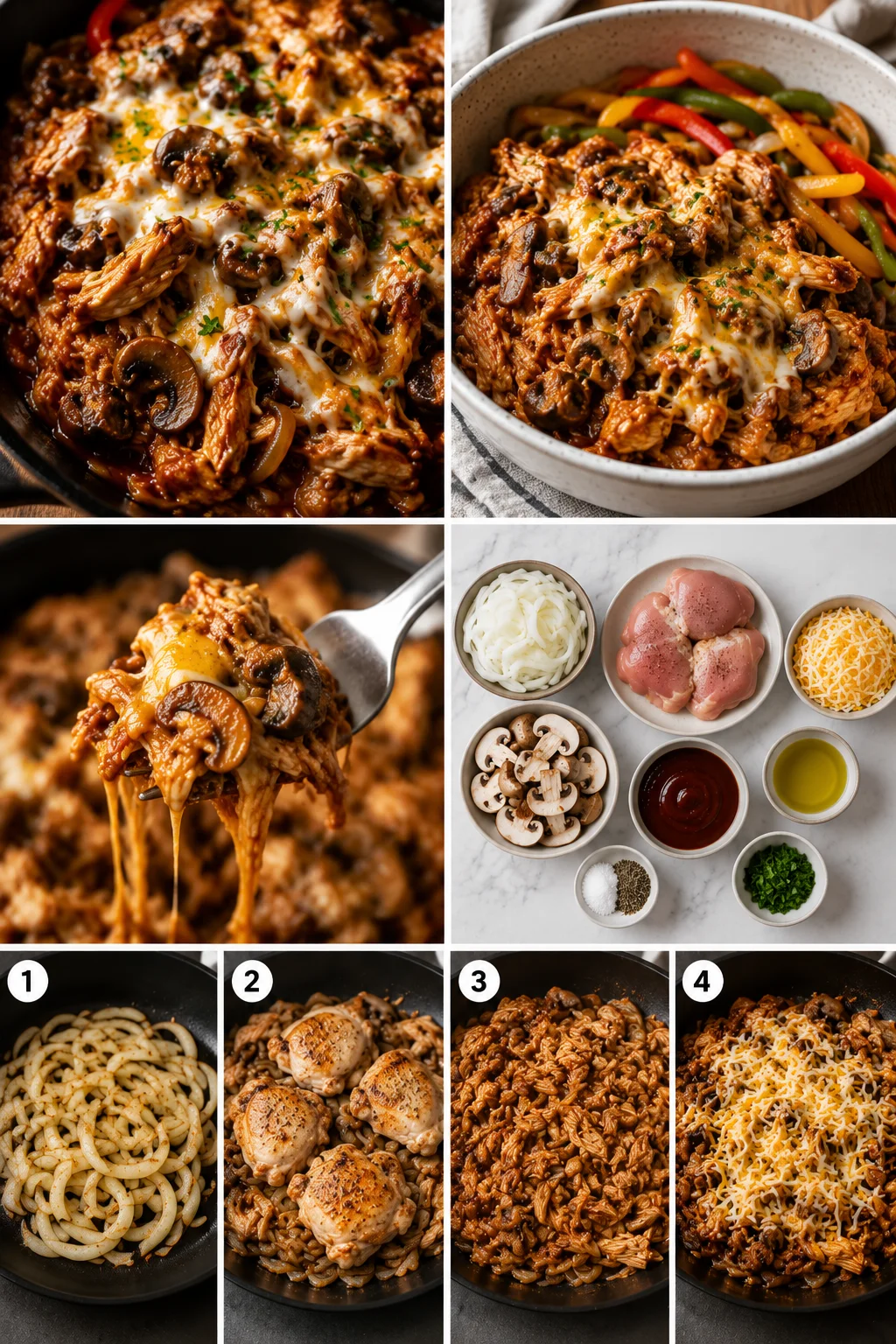 Close-up of juicy low carb BBQ chicken thighs topped with cheese and mushrooms.