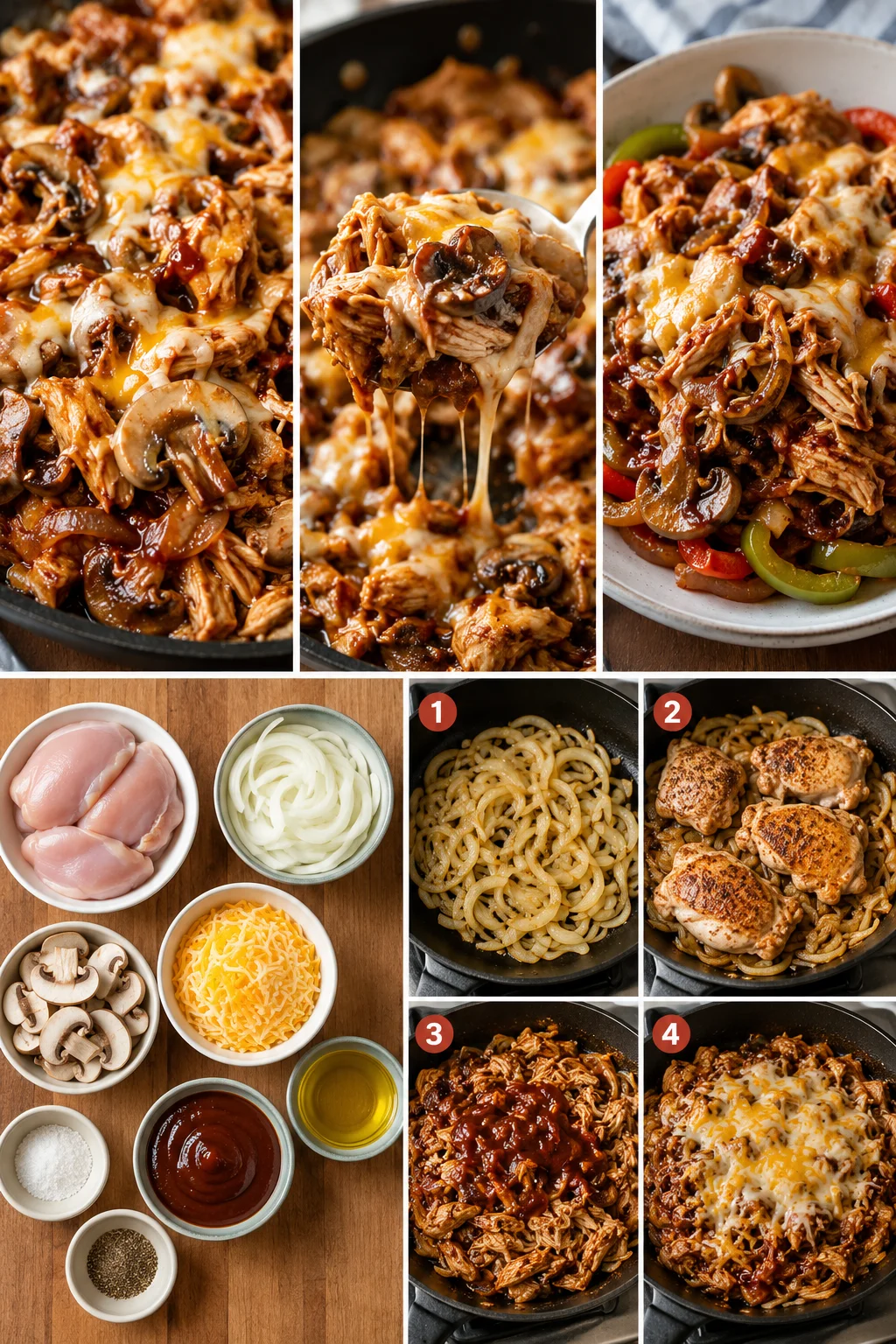 Delicious low carb BBQ chicken thighs served with sautéed peppers and onions, topped with melted cheese.