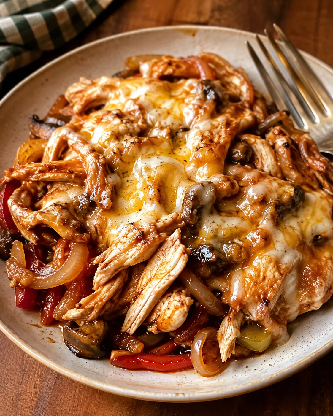 A plate of shredded BBQ chicken thighs with sautéed onions, served over peppers.