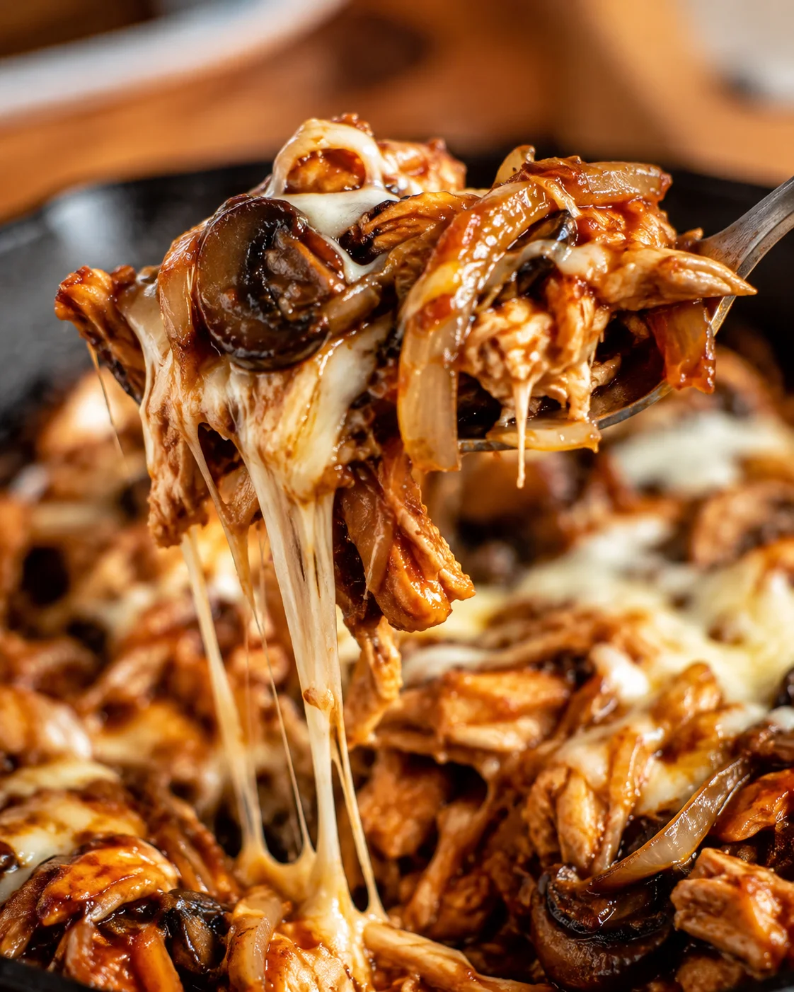 Juicy barbecue chicken thighs topped with melted cheese and sautéed mushrooms.