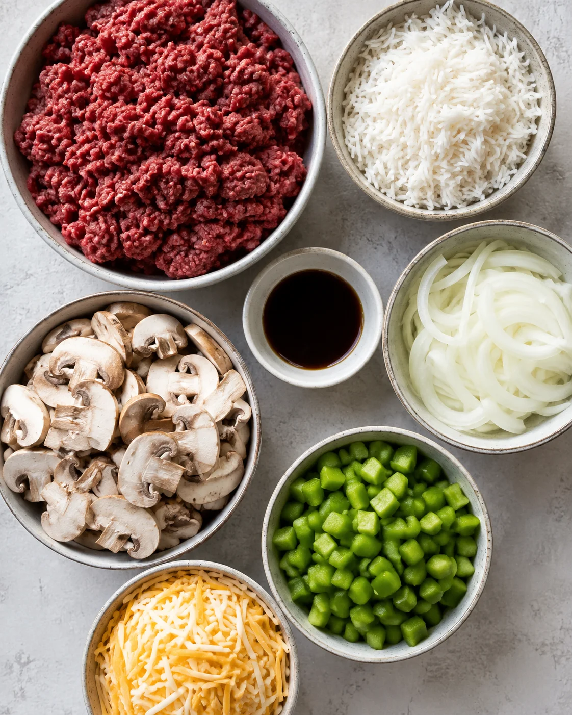 Top-down view of ingredients for Philly cheesesteak meal prep: bowls of ground beef, rice, mushrooms, cheese, green pepper, onion and Worcestershire sauce