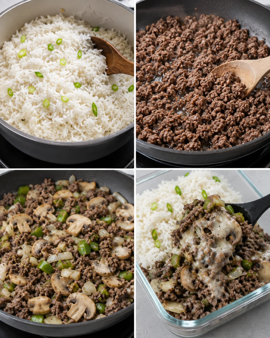 Collage of cooking steps for Philly cheesesteak meal prep: rice, browned ground beef, cooked vegetables and portioned meal in a container