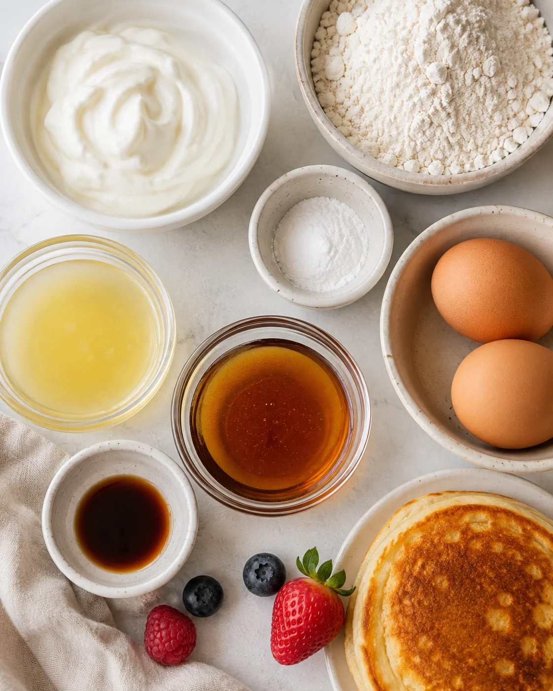 Top-down layout of ingredients for protein pancakes including Greek yogurt, flour, eggs, oil and maple syrup