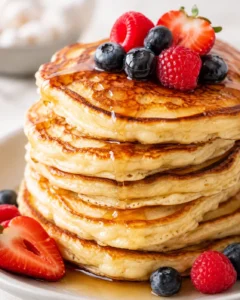 Protein pancakes stacked with mixed berries and maple syrup