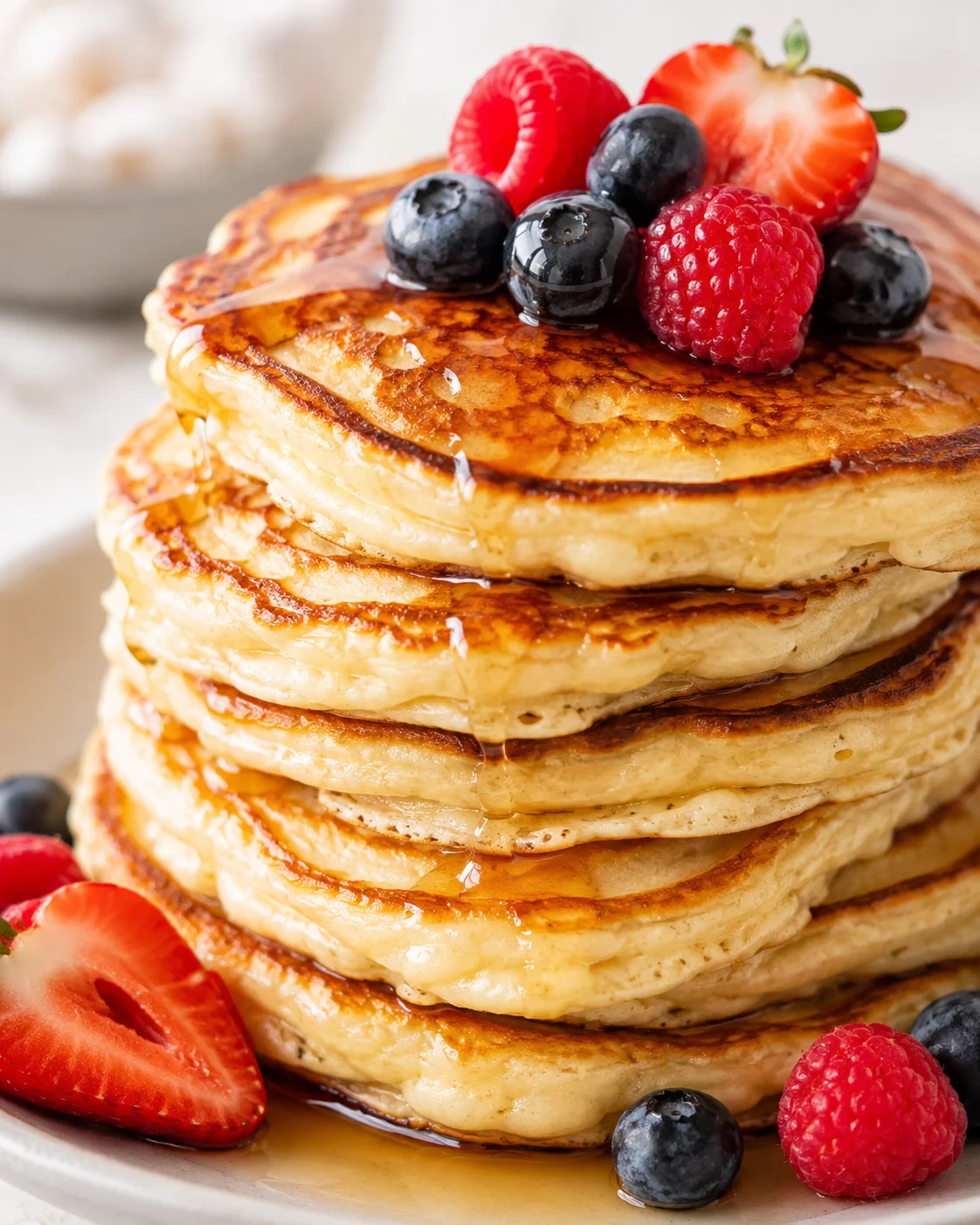 Protein pancakes stacked with mixed berries and maple syrup