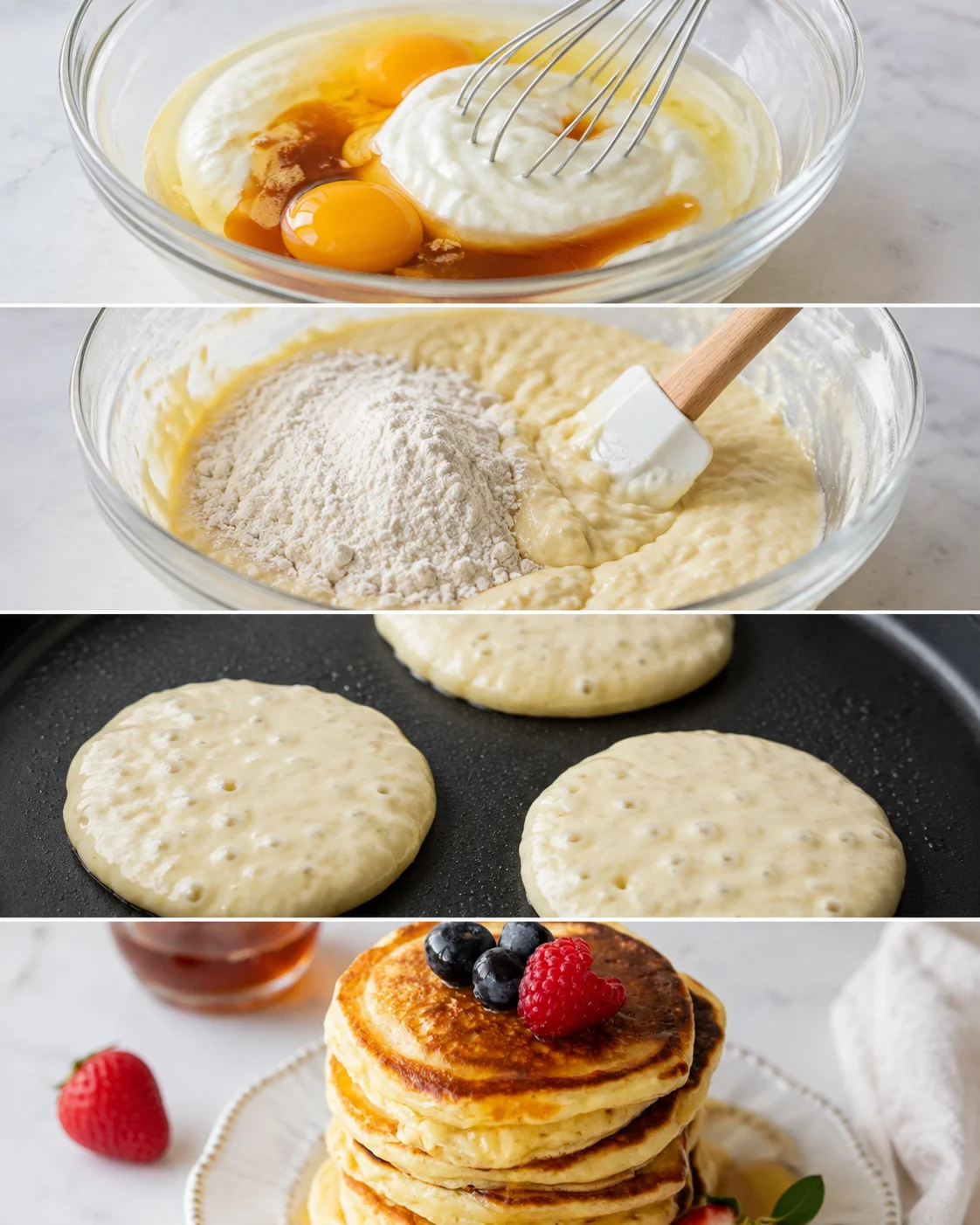 Four-panel process showing mixing wet ingredients, folding in flour, batter cooking on griddle, and finished pancake stack