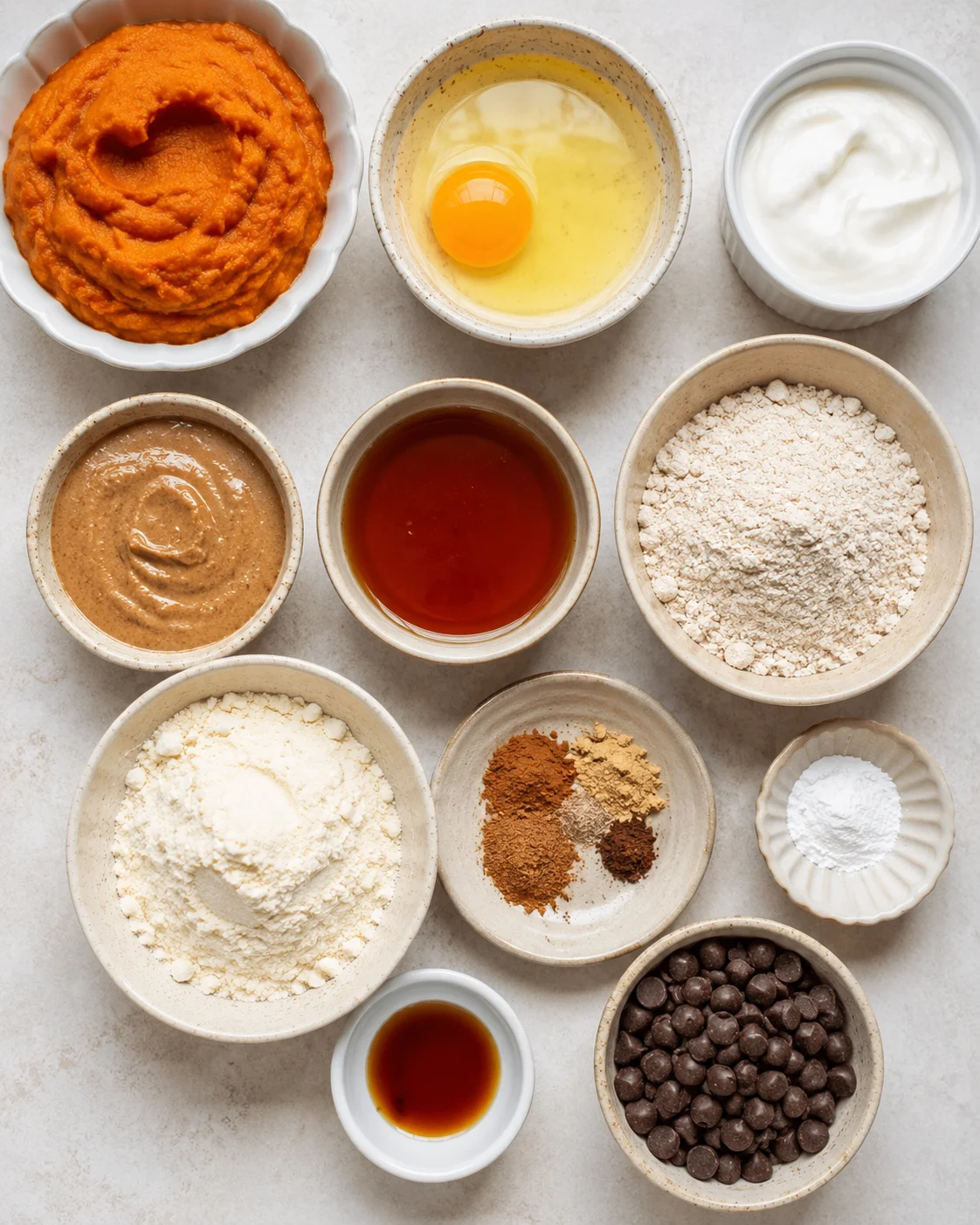 Top-down arrangement of ingredients for protein pumpkin bread including pumpkin puree, egg, yogurt, nut butter, flours, spices and chocolate chips