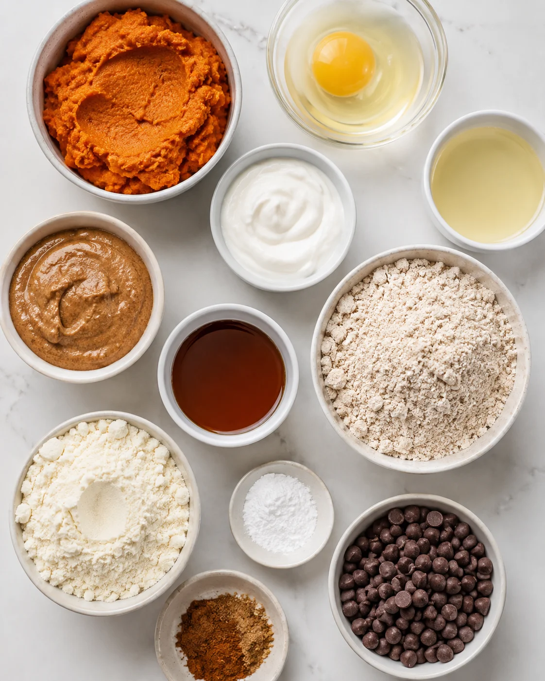 Top-down layout of ingredients for protein pumpkin bread including pumpkin puree, egg, yogurt, flours, protein powder, nut butter, syrup and chocolate chips