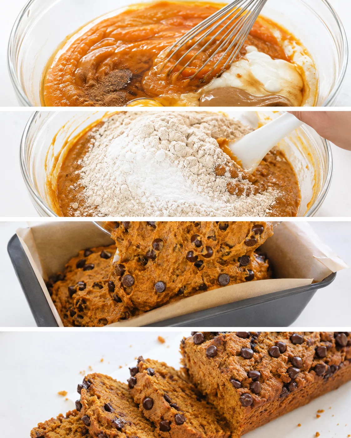 Collage of preparation steps: whisking wet ingredients, folding in dry mix, pouring batter into a lined loaf pan, and sliced finished loaf