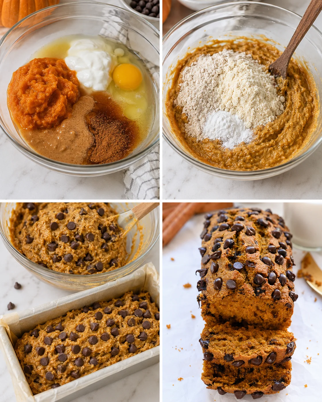 Four-panel collage showing mixing wet ingredients, adding flour, folding chocolate chips, and batter in loaf pan