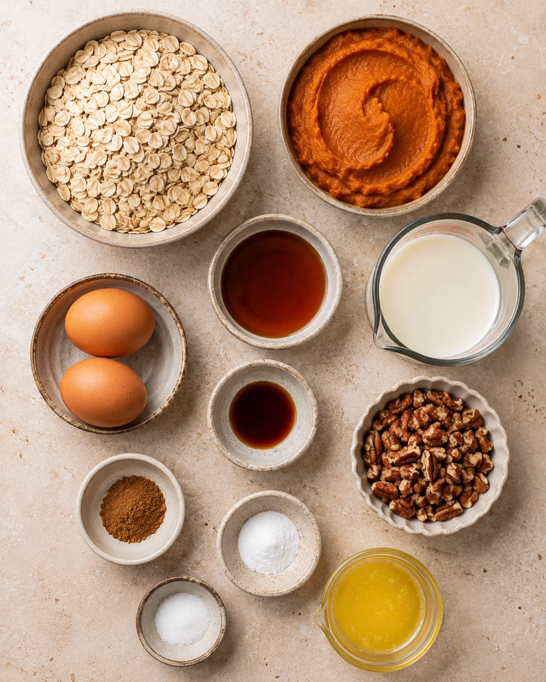 Overhead view of ingredients for pumpkin baked oatmeal arranged in bowls: oats, pumpkin puree, milk, eggs, maple, pecans, melted butter, and spices
