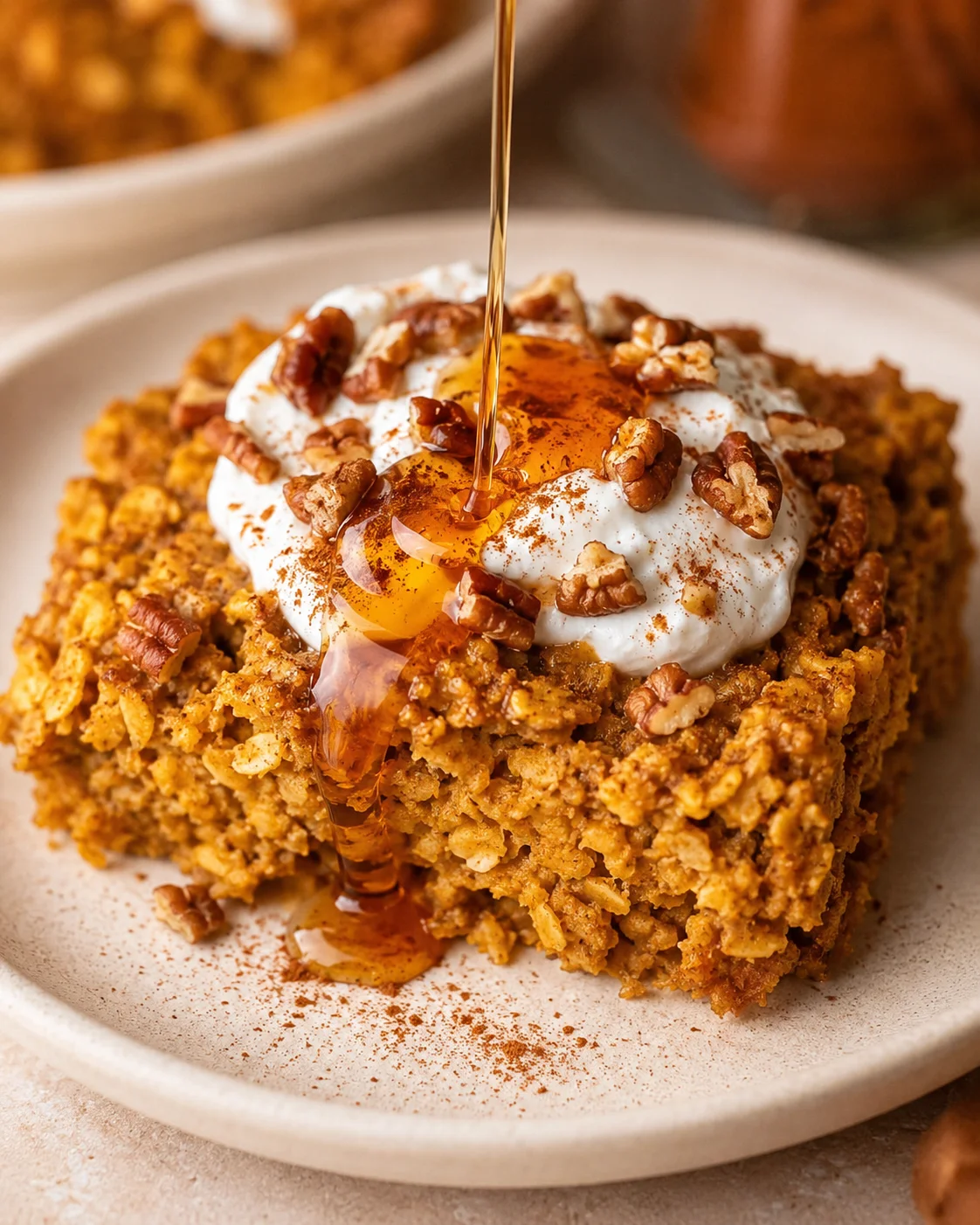 A square of pumpkin baked oatmeal topped with whipped yogurt, pecans, and maple syrup being poured