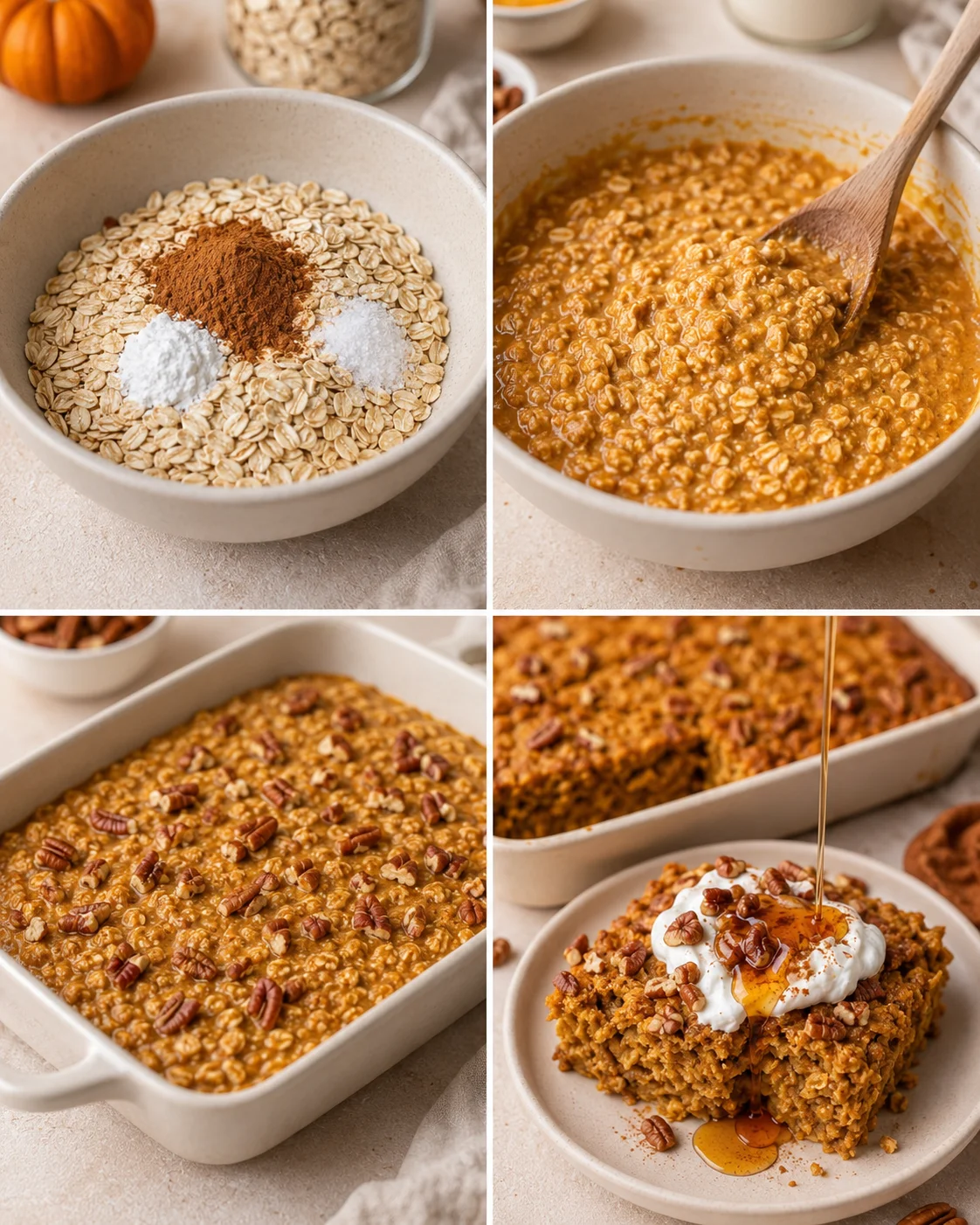 Four-panel image showing steps: dry oats with spices, combined pumpkin oat batter, assembled baking dish, and sliced baked oatmeal on a plate with syrup