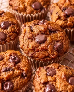 Close-up of baked pumpkin cottage cheese muffins topped with chocolate chips