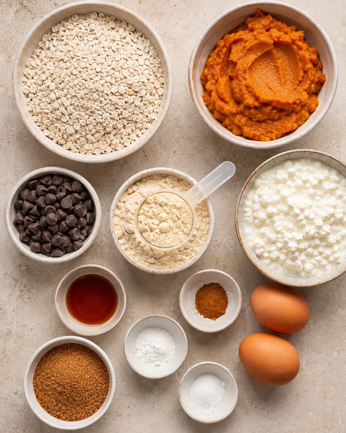 Top-down view of ingredients for pumpkin cottage cheese muffins in bowls: oats, pumpkin puree, cottage cheese, protein powder, chocolate chips, eggs and spices