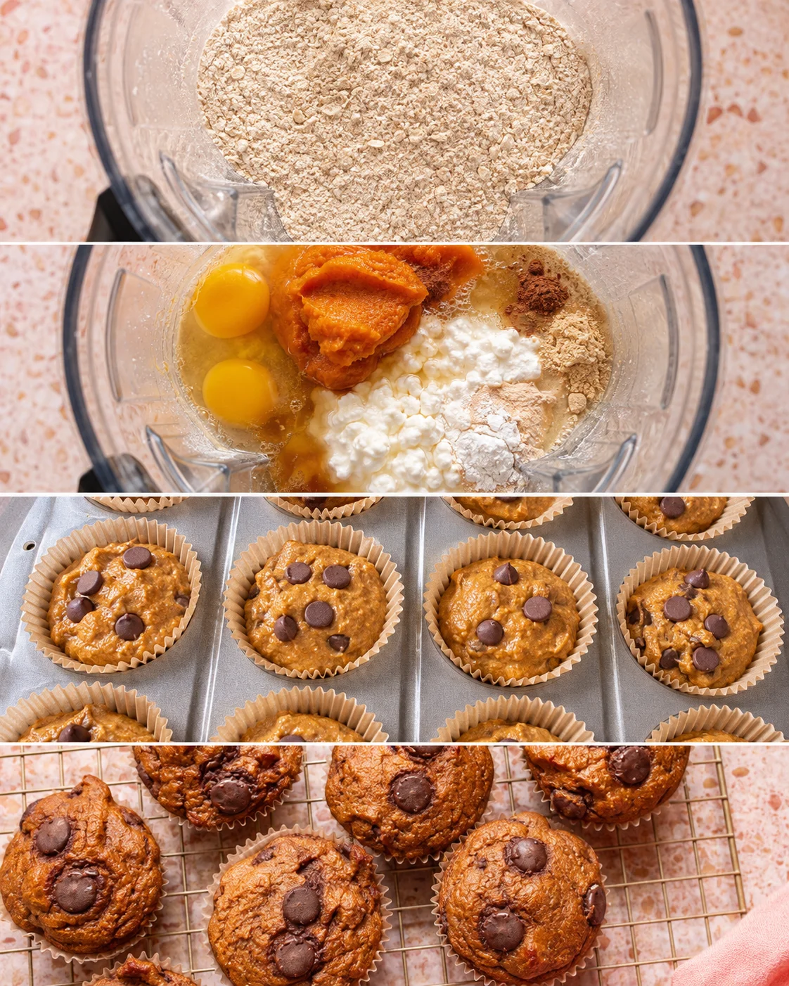 Collage of steps: oats in blender, wet and dry ingredients in blender, batter in muffin tin with chocolate chips, baked muffins on cooling rack