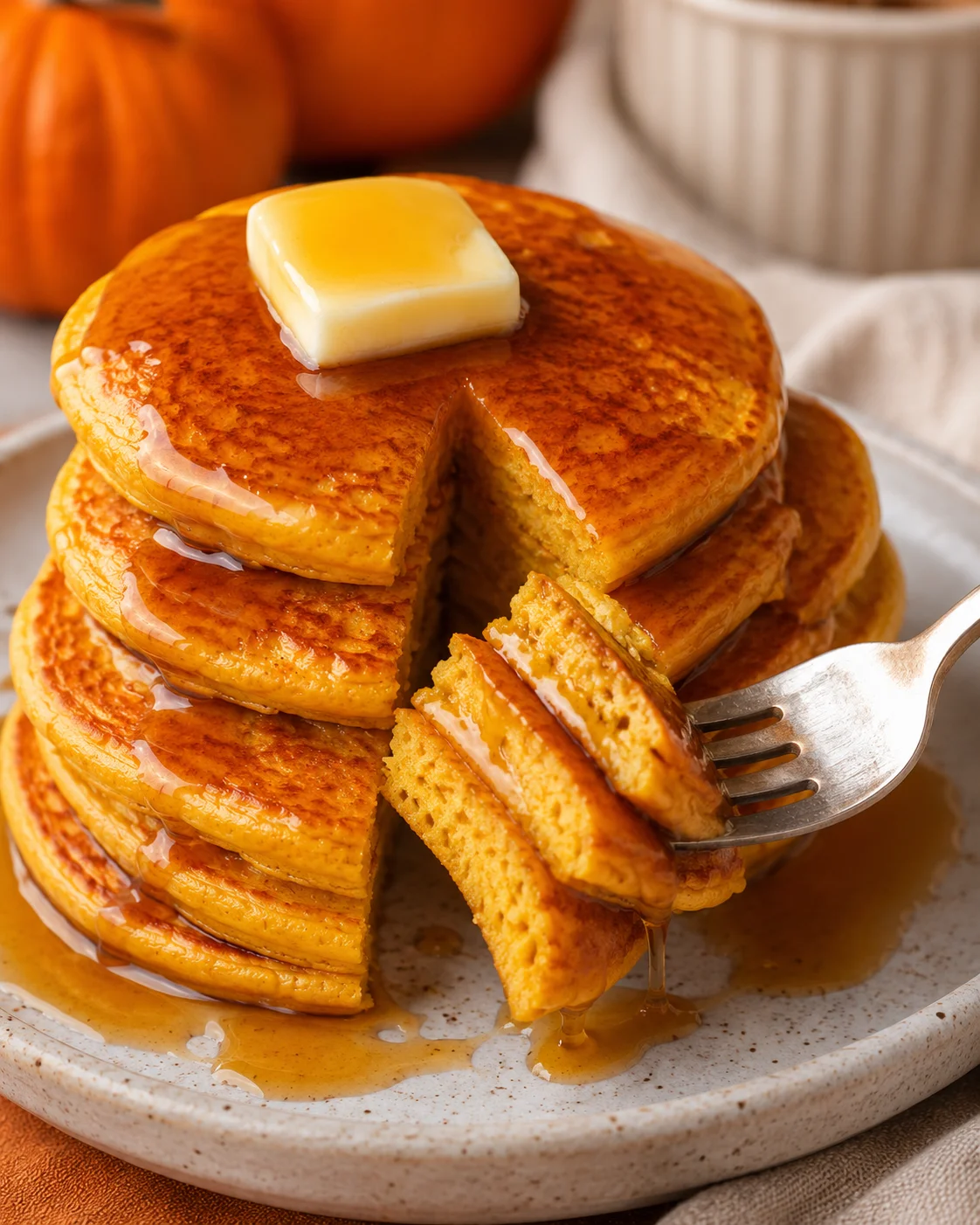Plated pumpkin cottage cheese pancakes with a slice removed and a fork lifting a bite